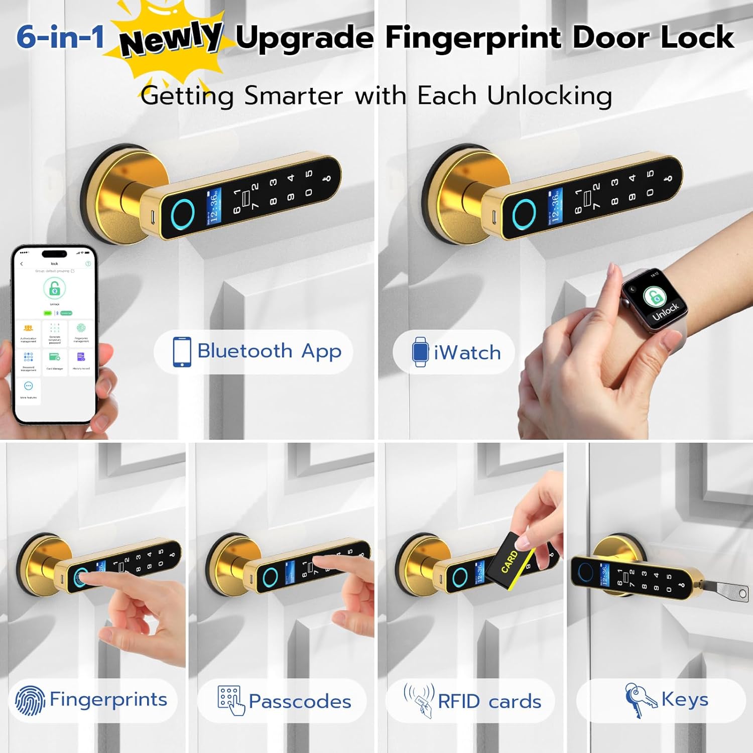 Fingerprint Door Lock- New Display Screen, Smart Keyless Entry Door Lock with Handle Keypad RFID, Fingerprint Biometric Digital Thumbprint Door Knob for Bedroom Apartment Interior
