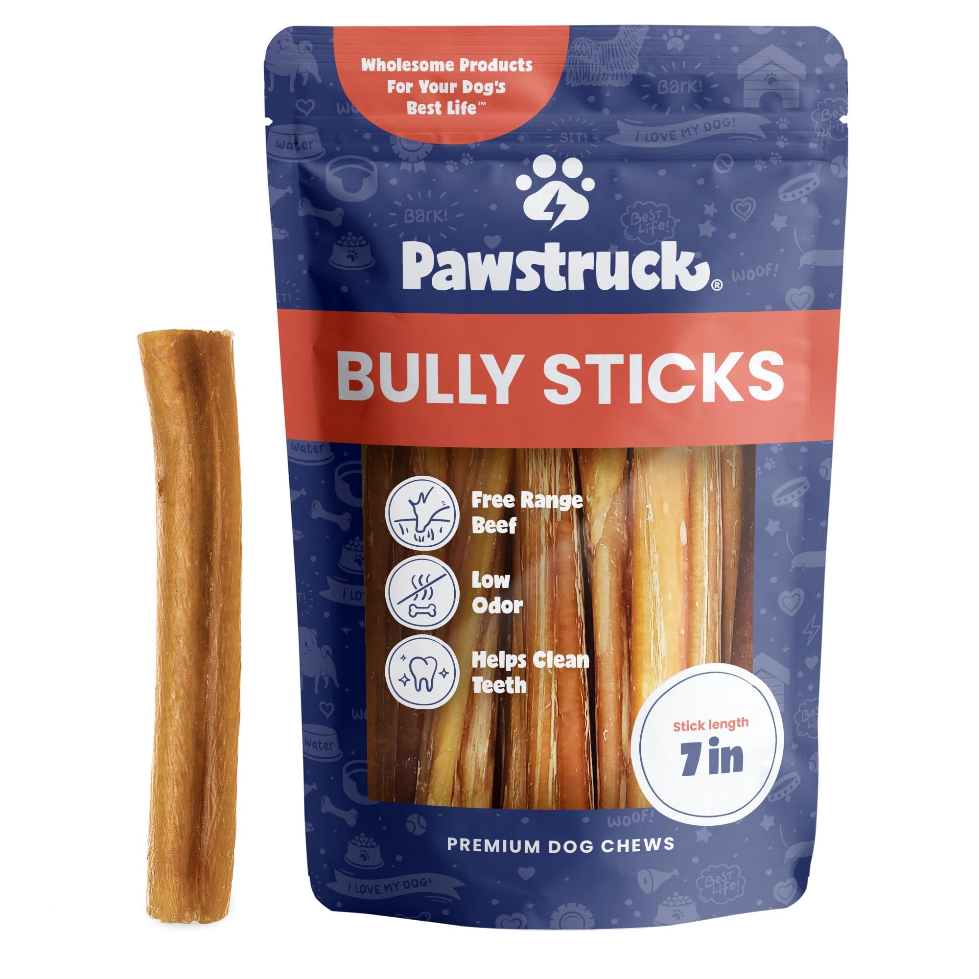 Pawstruck All-Natural 7" Bully Sticks for Dogs - Long Lasting, Rawhide-Free, Low Odor & Grain-Free Dental Chew Treat - Healthy Single Ingredient, 100% Real Beef - 1 lb Bag