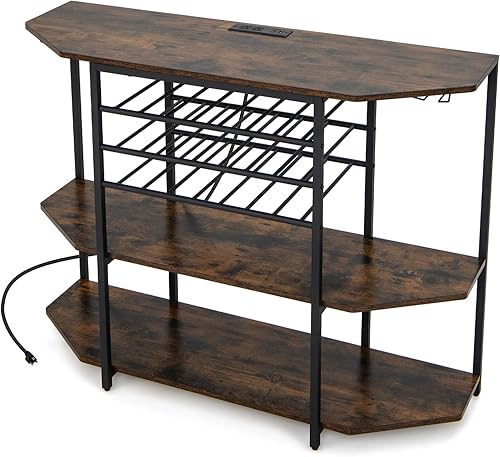 Miniatura 9 de Giantex Armario de bar de vinos con toma de corriente, mini mesa de soporte para barra de café con 21 botelleros y soportes para vidrio, estantes