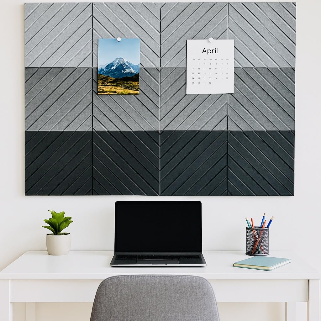 Decorative Felt Wall Tiles Bulletin Board - Large 47" x 35" Modern Pin Board Wall System for Home, Nursery, Dorm & Classroom - 12 Pack Cork Board Alternative with Push Pins & Adhesive Tabs (Charcoal)