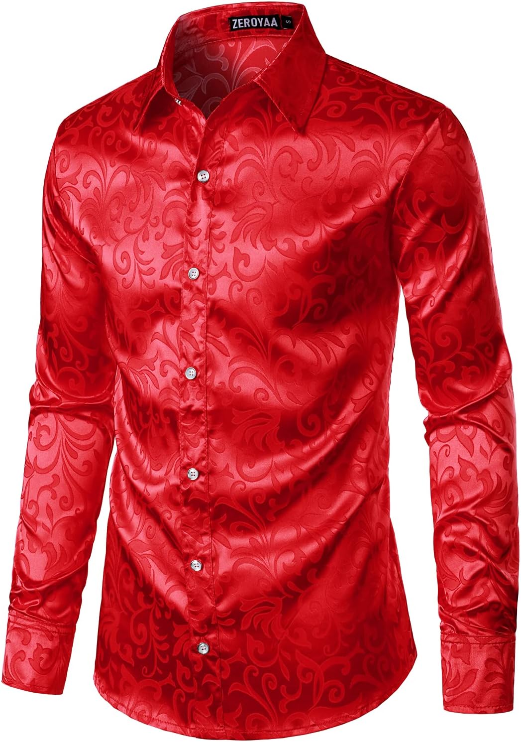 ZEROYAA Men's Luxury Jacquard Long Sleeve Dress Shirt Shiny Satin Slik Like Wedding Party Prom Shirts - Image 3