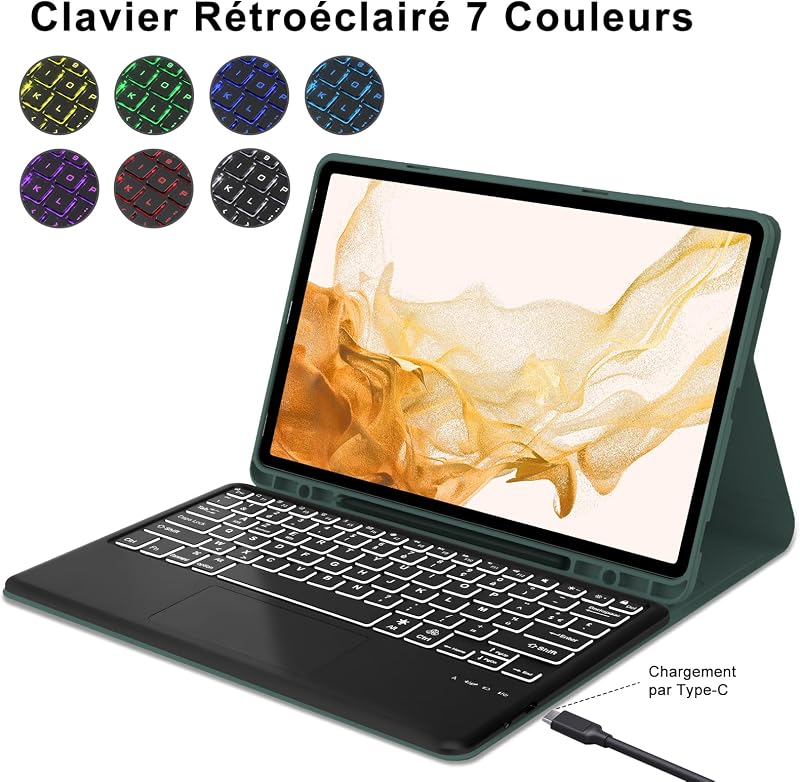 JADEMALL Samsung Galaxy Tab S8+ S7+ 12,4" Billentyűzet Trackpad Tok Sötétzöld