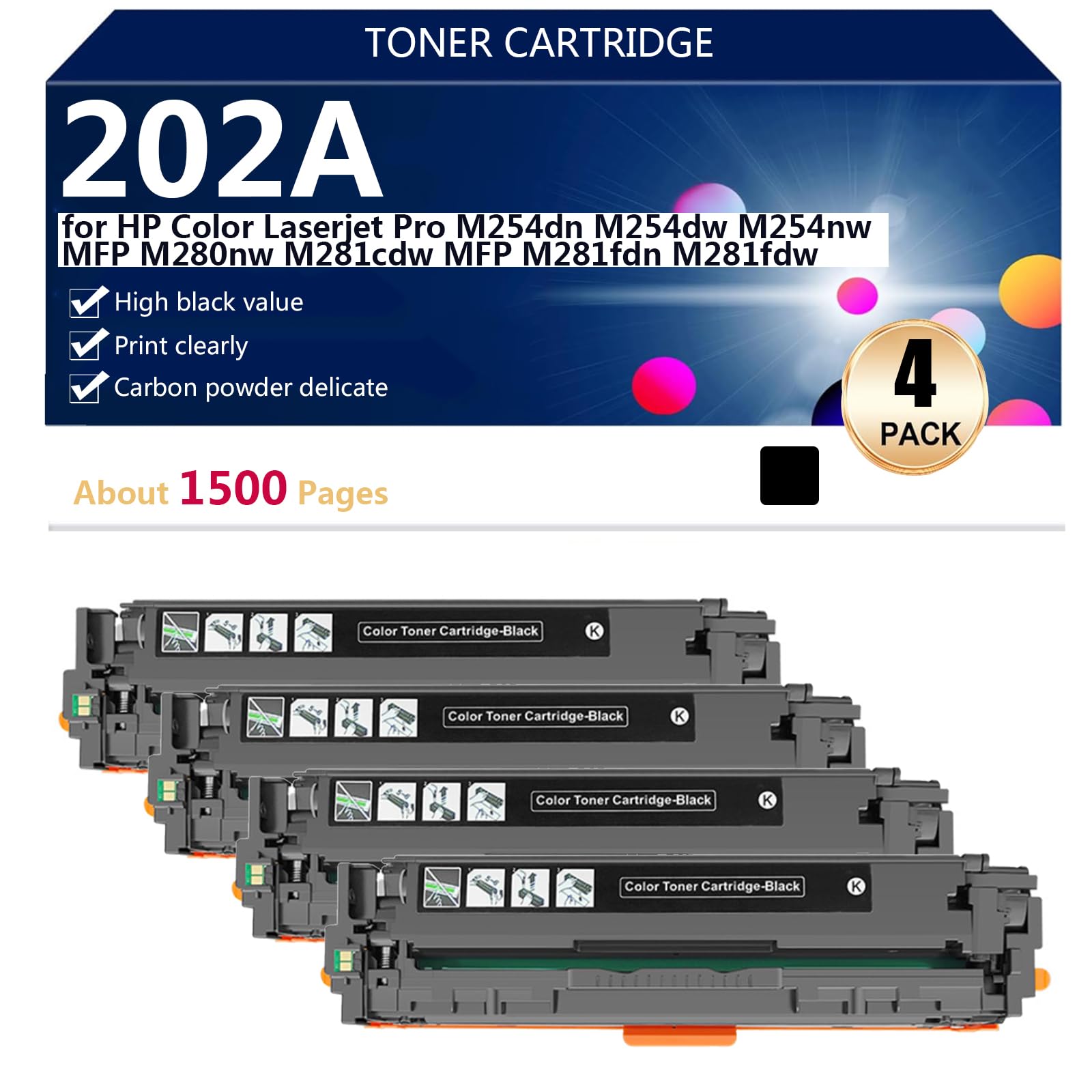 Cartucce Toner Compatibili 202A per HP Color LaserJet PRO M254dn M254dw M254nw MFP M280nw M281cdw MFP M281fdn M281fdw Stampanti, Trasparente e Resistente,4*Black