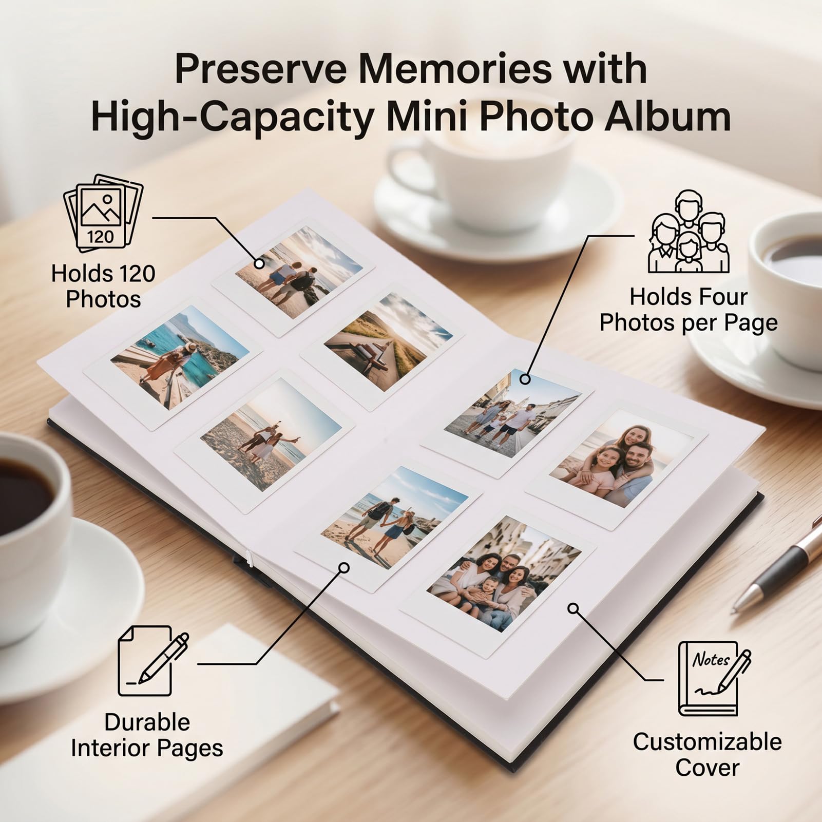 CCYLEZ Álbum de Fotos de 120 Bolsillos de 2 X 3 Pulgadas, Mini Libro de Imágenes para Viajes de Bodas, Almacenamiento de Imágenes de Libro de Recuerdos con Espacio para Escribir, Páginas de Papel
