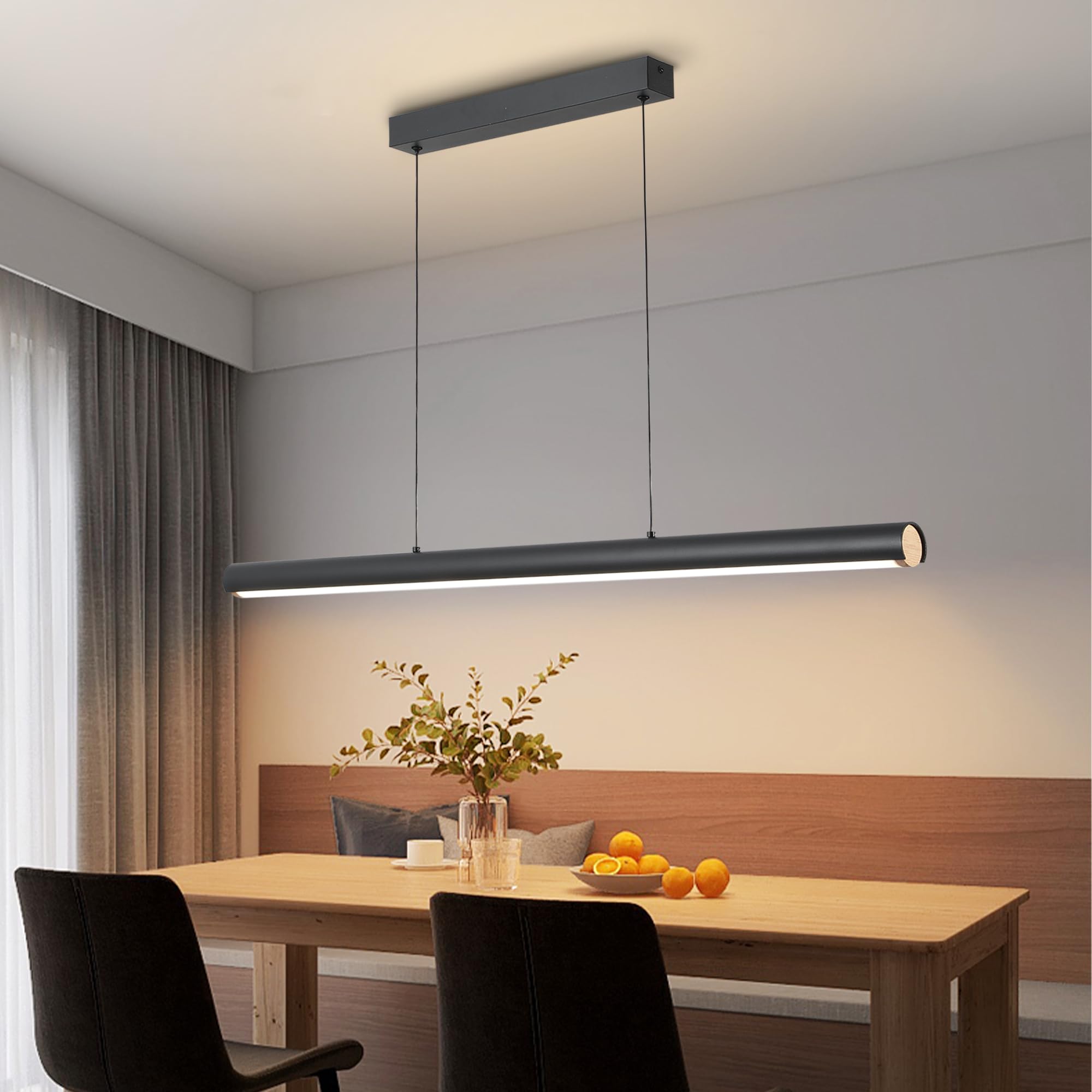 FANLG LED Lampara de techo colgante,80CM Lampara Colgante Cocina Negro Regulable con Control Remoto,30W Lampara Comedor lineal Iluminación Colgante regulable altura para Comedor Cocina Oficina
