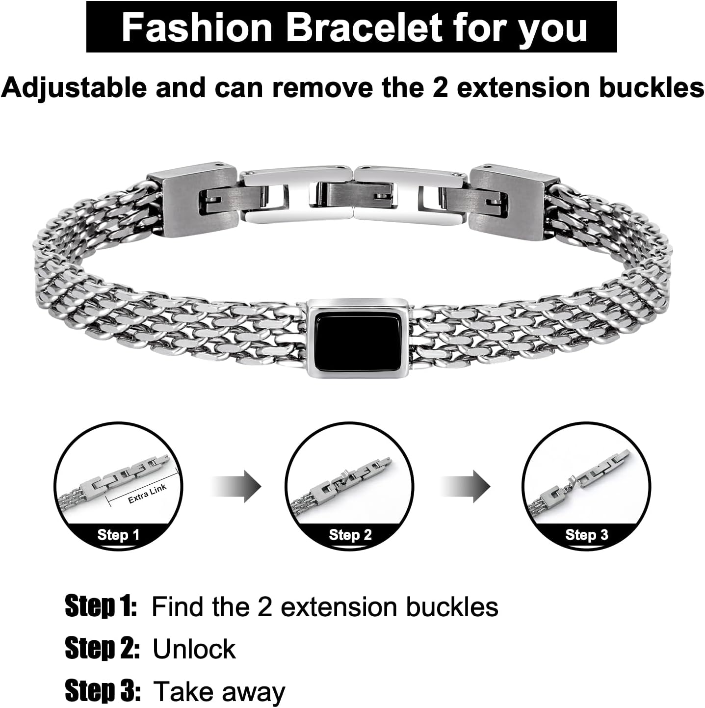 Bracelets for Men&Women,Stainless Steel Puzzle Square Link Bracelet,Birthday Annivesary Chrismas Valentines Jewelry Gift for Friends Son, Casual Trendy Mens Bracelets Cool Adjustable - Image 3