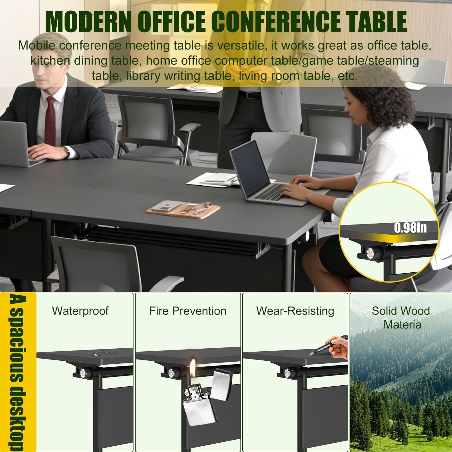 Conference Table,Modern Folding Conference Room Tables,Flip Top Mobile Meeting Table with Wheels,Convertible Seminar Room Tables,Modular Stackable Training Table for Office Classroom (8, E, 70.8in)