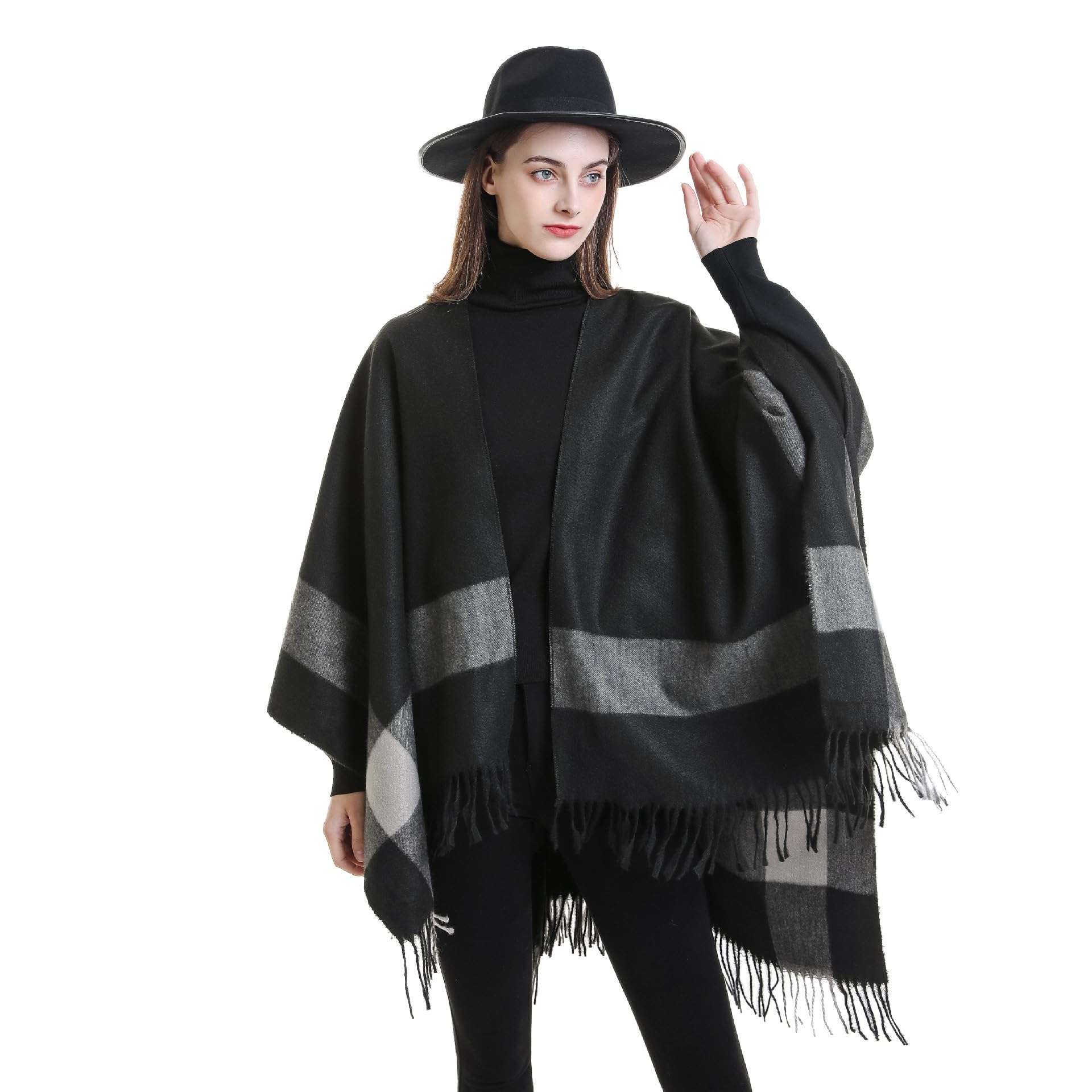 Autunno Inverno Plaid Tassel Scialle Donna Caldo Cardigan Poncho Donna Mantella Larga sopra Cappotto (Bianco DP2923 Taglia Unica)