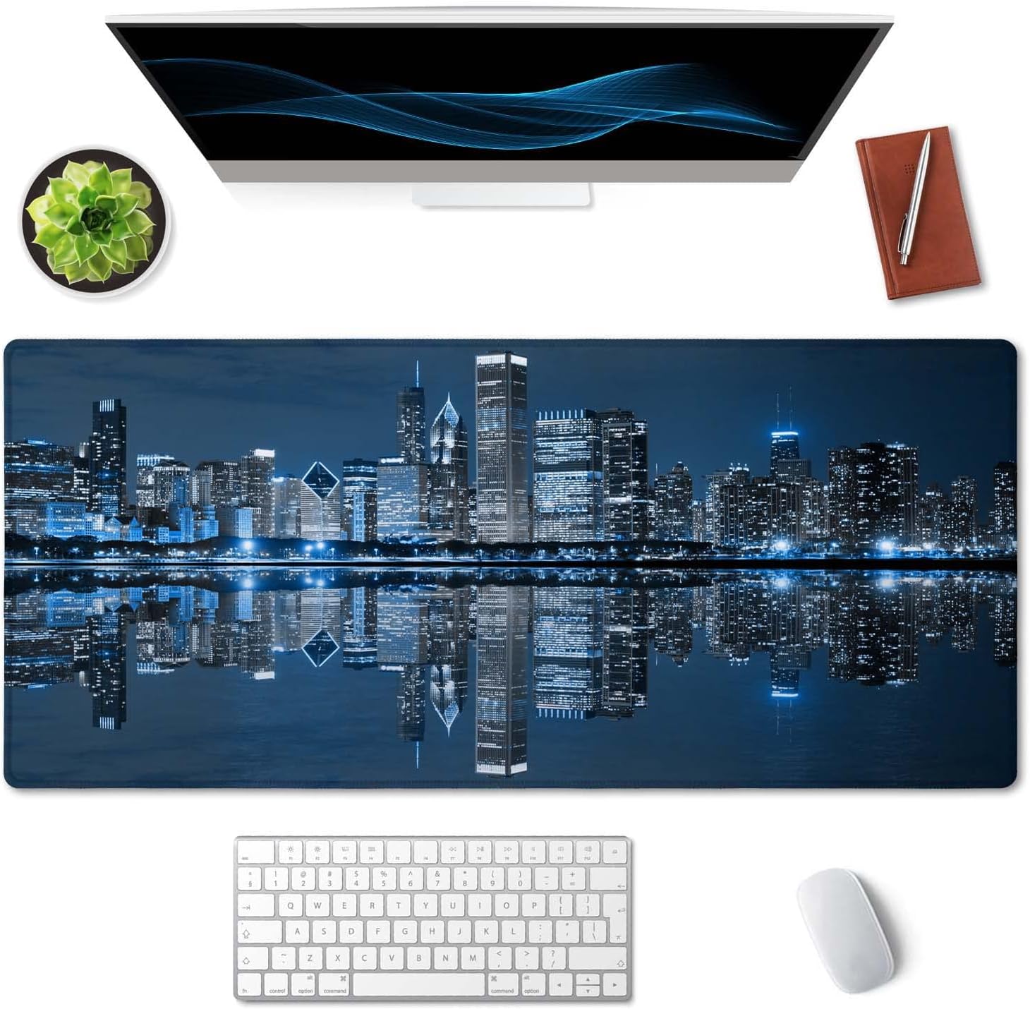 SSOIU Extended Gaming Mouse Pad (35.5x15.7 in), Large Non-Slip Rubber Base Mousepad with Stitched Edges, Waterproof Keyboard Mouse Mat Desk Pad for Work, Game, Office, Home - Chicago Skyline - Image 3