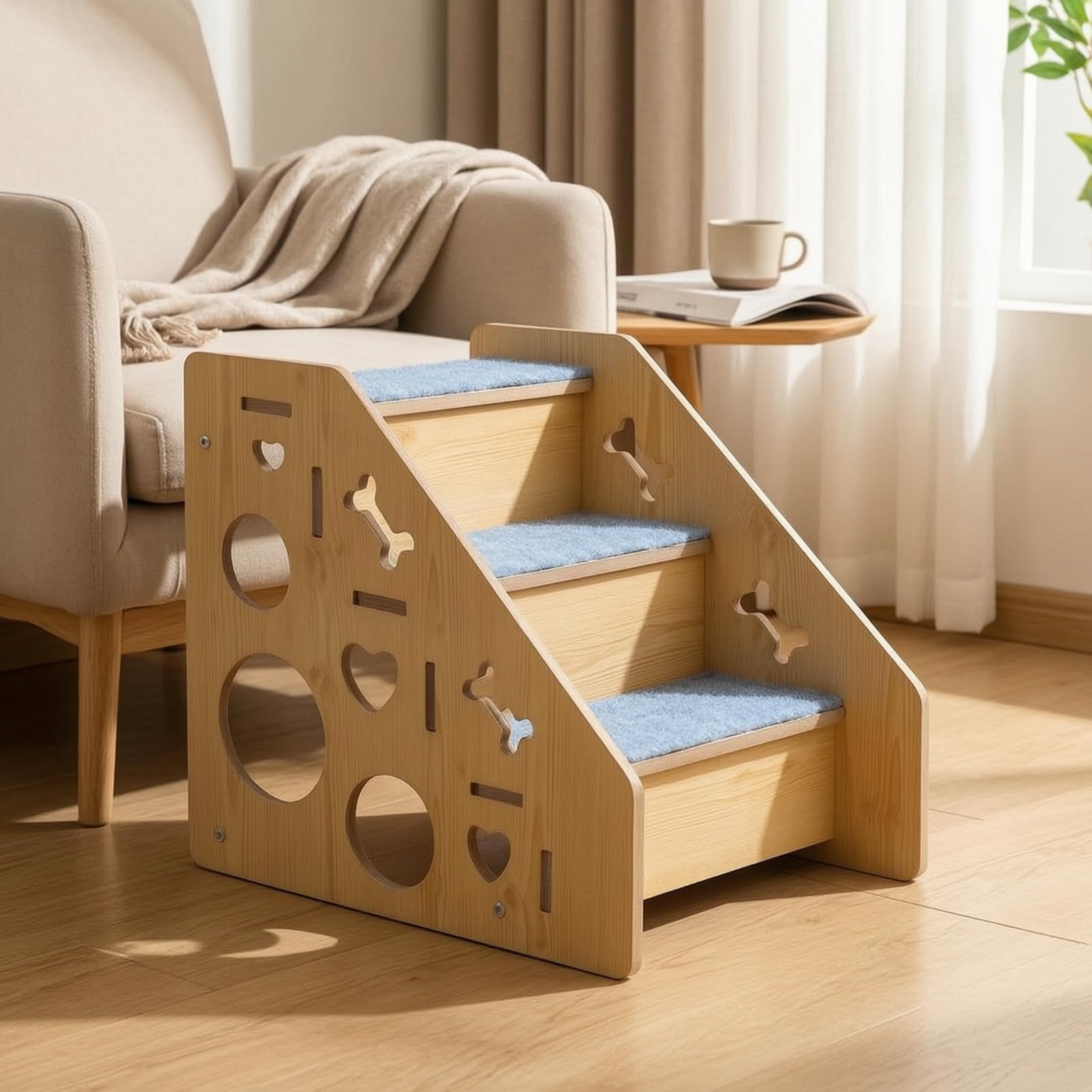 Scalini in Legno per Animali Domestici con Rivestimento in Moquette Antiscivolo E Design con Laterali Adatta per Cani Piccoli E Anziani per Letto E Divano