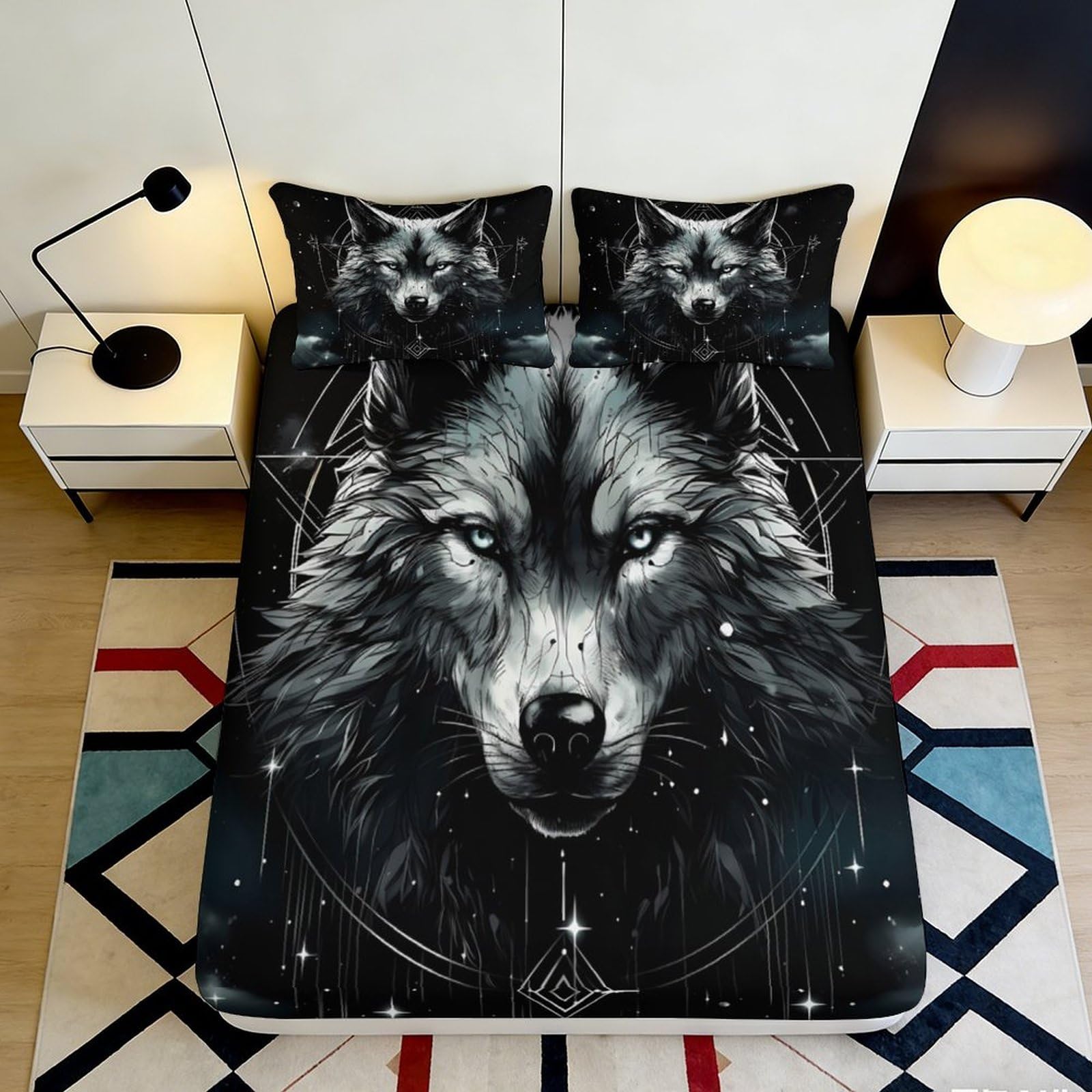3D Printed Wolf Night Fitted Sheet Microfiber Soft Breathable Forest Moon Mattress Cover for Bedroom Guest Room Decor 90x200x25cm