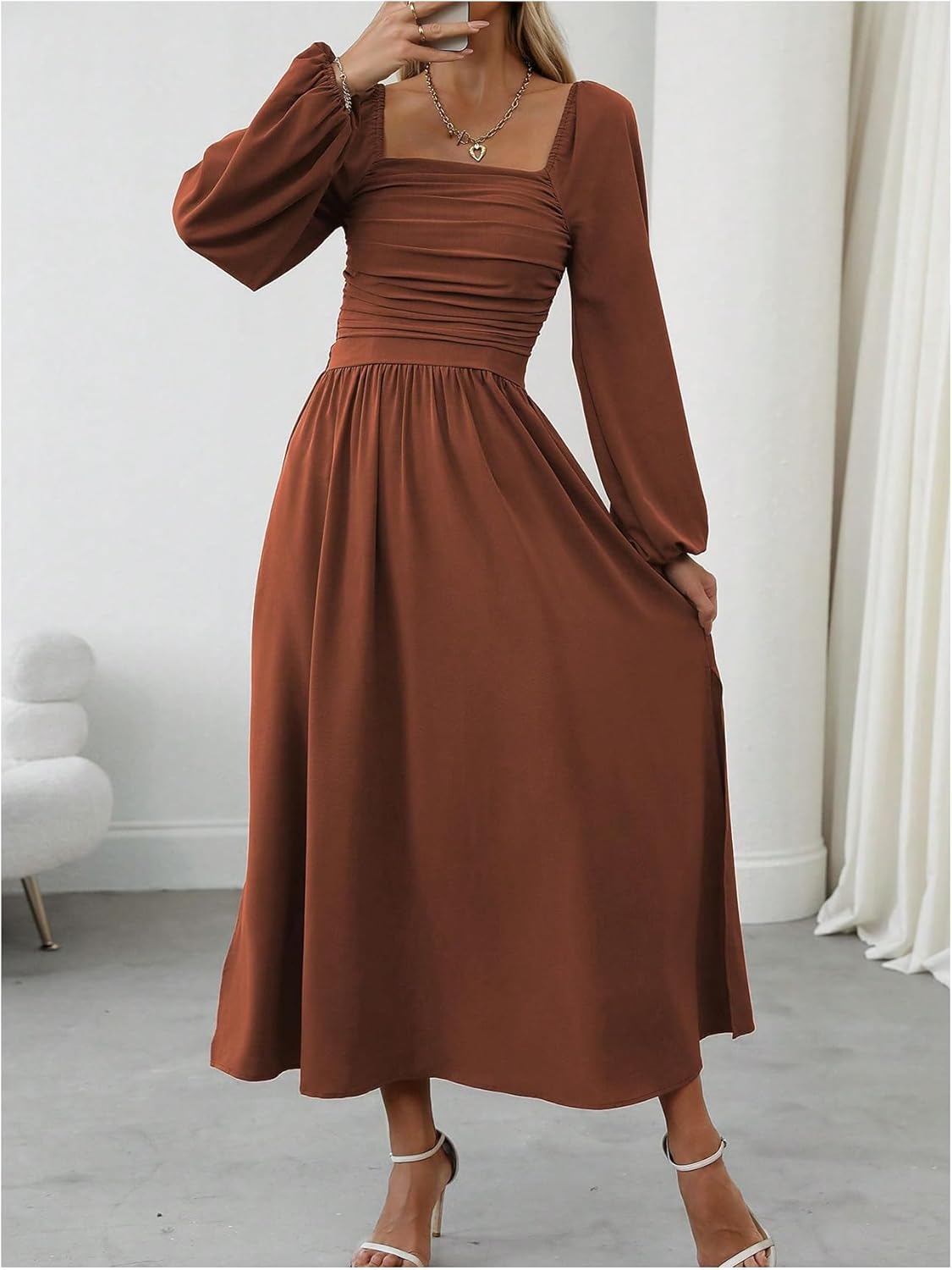 Floerns Women's Square Neck Lantern Long Sleeve Dress Split Ruched Party Midi Dresses - Image 6