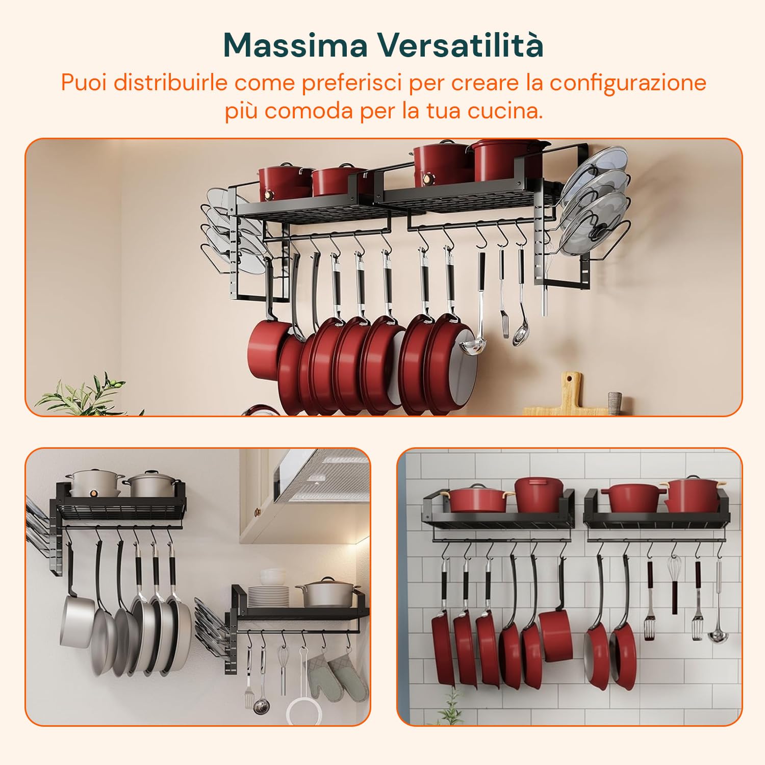 Wintem – Porta Pentole Coperchi Salvaspazio da Parete con Mensole e 12 Ganci, Organizer Cucina in Ferro per Pentole Coperchi e Mestoli, Sistema Verticale Robusto e Funzionale per Uso Quotidiano