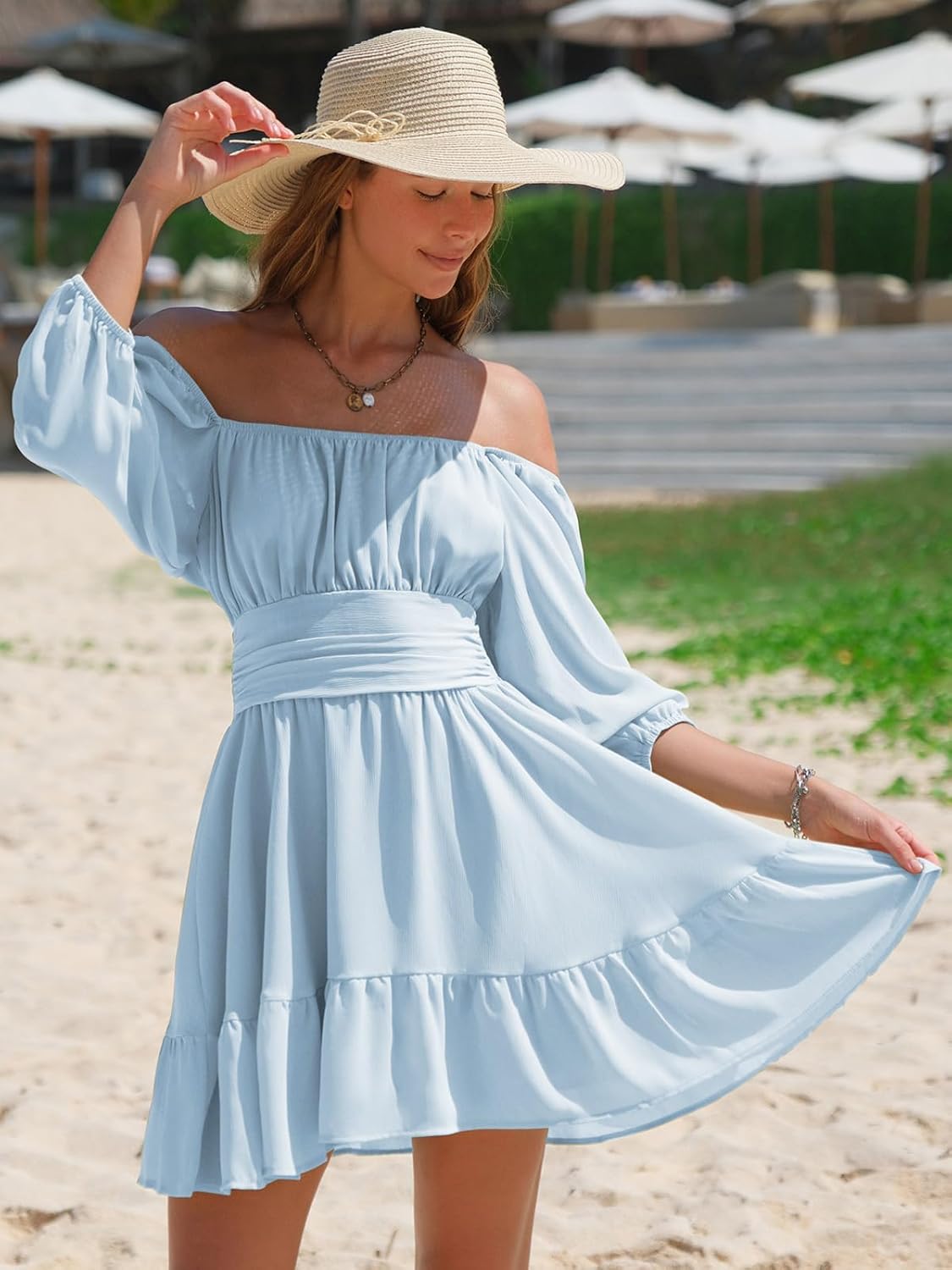 EXLURA Women's Lantern Sleeve Tie Back Summer Dress Ruffled Off Shoulder A-Line Vintage Mini Dress - Image 2