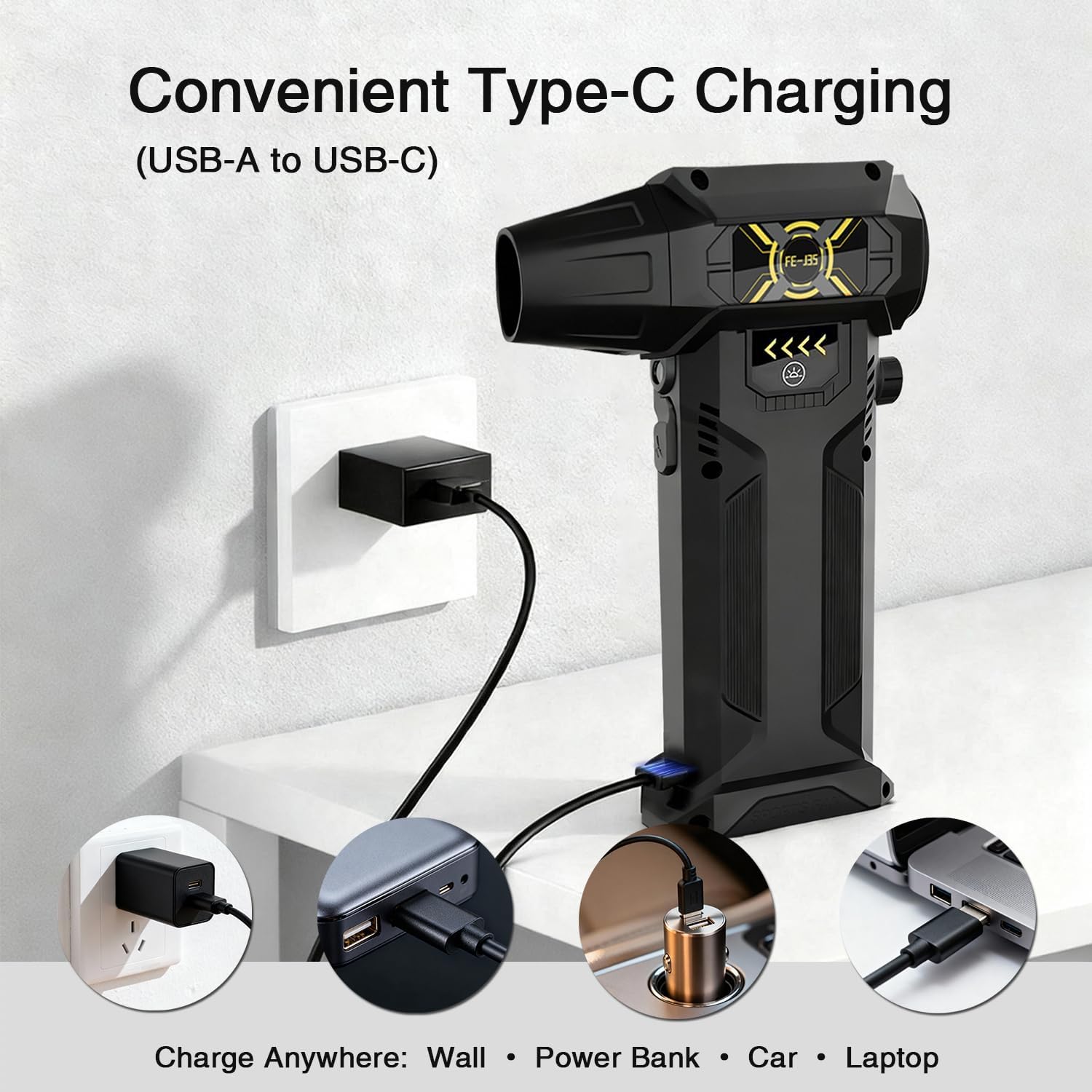 Compressed Air Duster, Cordless Electric Air Blower 130000 RPM, Rechargeable Computer Cleaner for PC & Keyboard Cleaning, Portable Air Duster for Electronics & Car Cleaning with LED Light (FE-J35)