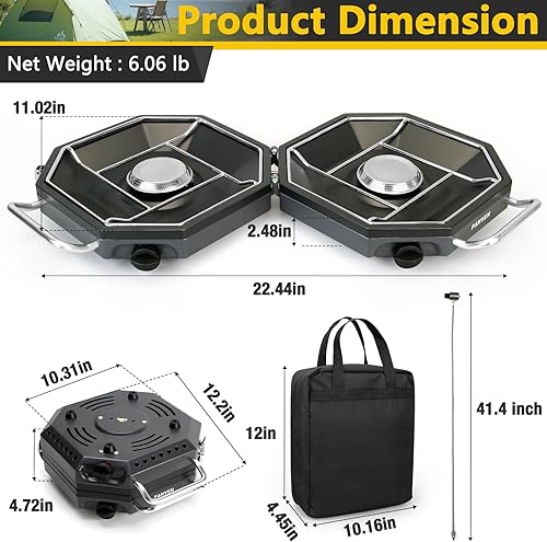 Miniatura 5 de Estufa de campamento de propano de 2 quemadores, estufa de campamento de propano de 20,000 BTU, estufa de gas portátil con parabrisas, bolsa de