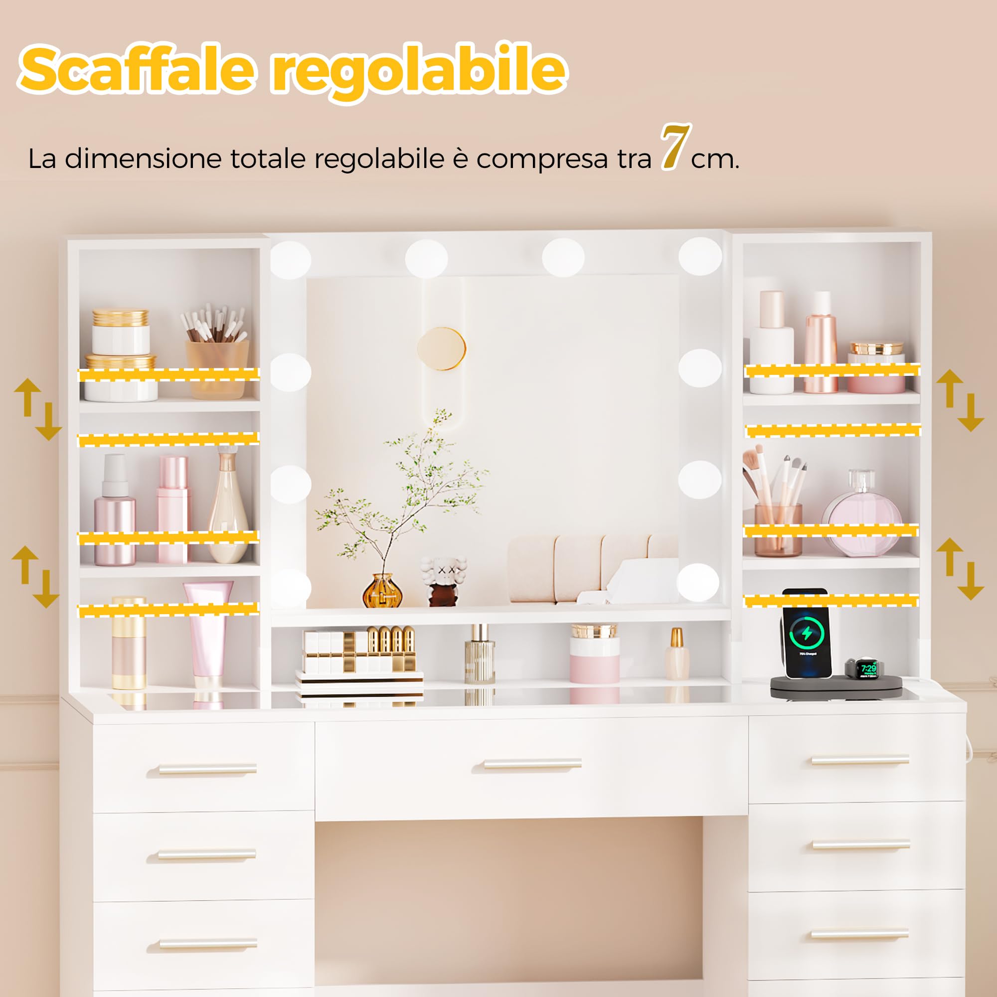 ANWBROAD Grande Toeletta Trucco con Luci LED,Luminosità Regolabile | Toletta da Trucco con Specchio,Postazione Trucco con Presa,Tavolo da Trucco con 13 Cassetti,7 Ripiani Aperti,Bianco BDT19X