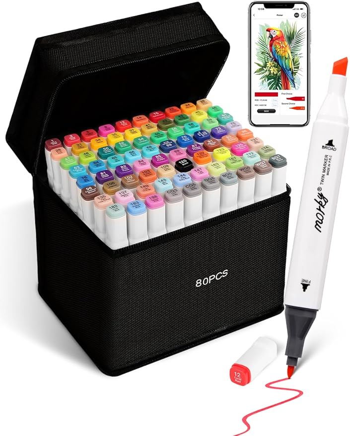 Brled 80 Colours Alcohol Markers with Free App, ‎Chisel Tip and Fine Tip Colouring Pens for Adults, Alcohol-Based Markers for Artists, Art Markers for Painting, Coloring, Sketching and Drawing