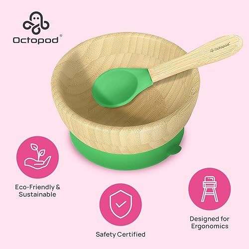Miniatura 3 de Abiie Octopod - Plato de bambú para niños con 3 compartimentos con succión durante 4 meses en adelante, plato para silla alta, platos para niños