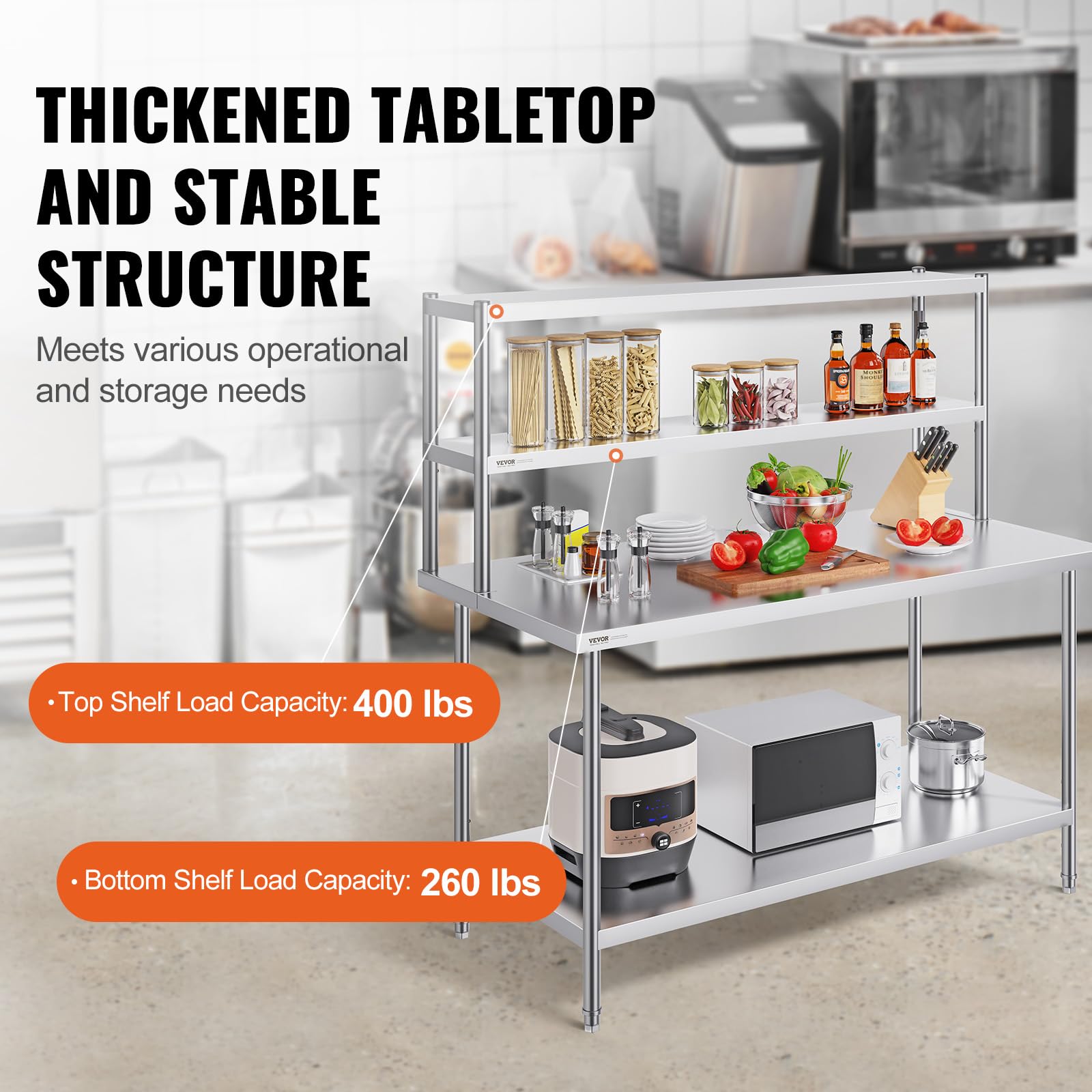 VEVOR Estante Superior de Doble Nivel de Acero Inoxidable 305x1524x600 mm Mesa de Preparación de Estante Ajustable en Altura para Cocina, Restaurante, Taller