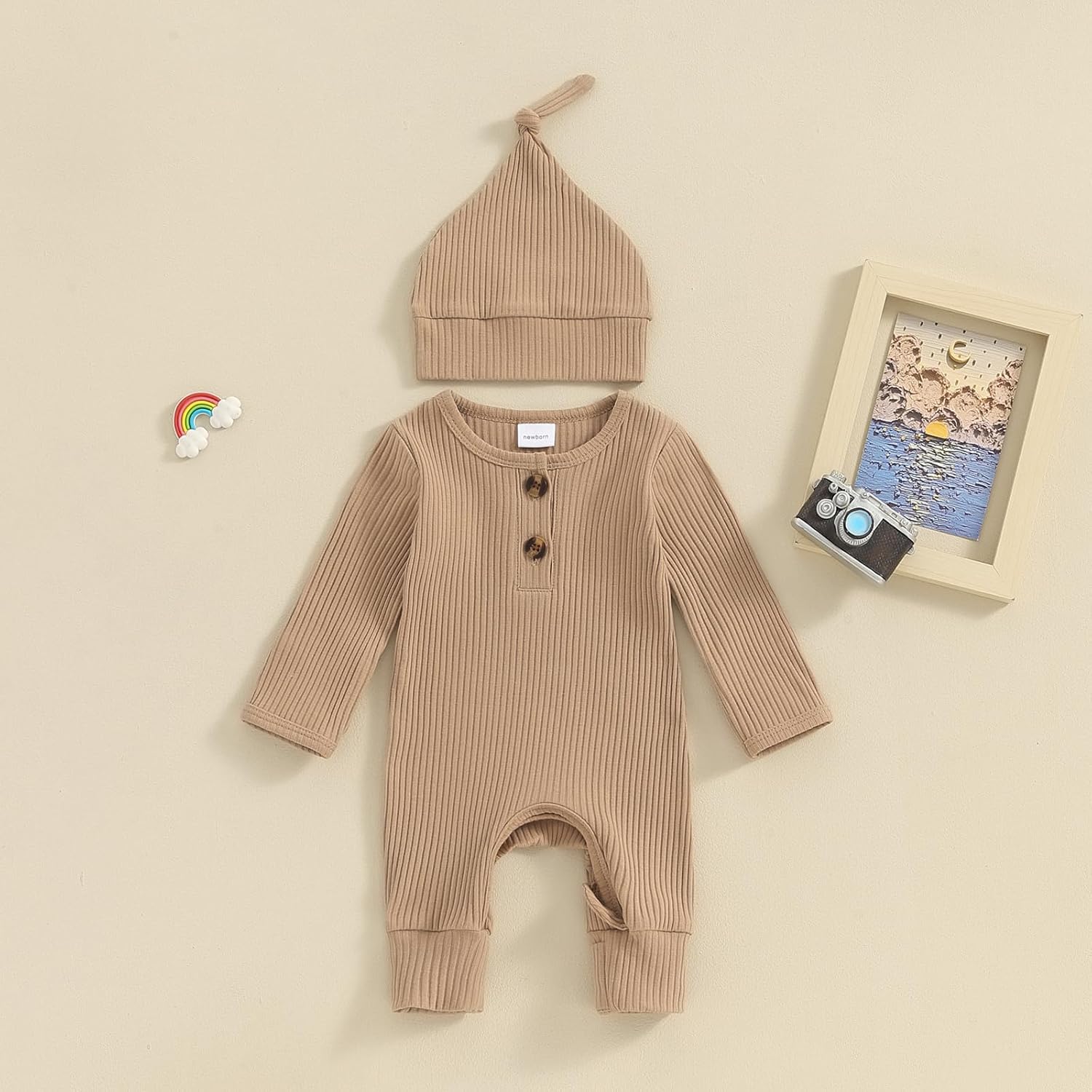 Infant Boys Girls Clothes Set Newborn Baby Romper Hat Ribbed Knit Long Sleeve Button Solid Bodysuit Jumpsuit - Image 2