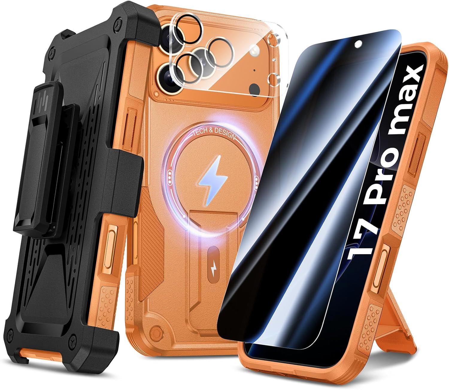 Goton 4in1 for iPhone 17 Pro Max Case with Belt Clip Holster, Privacy Tempered Glass Screen Protector & Camera Lens Protector, Compatible with MagSafe, Heavy Duty, Shockproof Phone Cover
