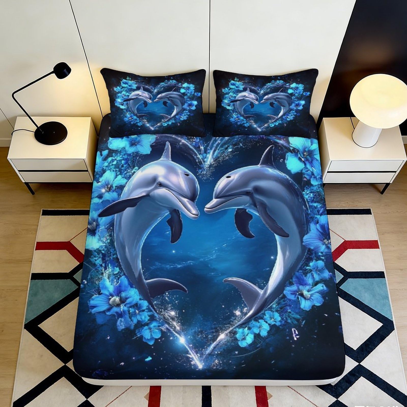 3D Printed Dolphin Ocean Heart Fitted Sheet Microfiber Anti-Slip Bed Cover for Bedroom Guest Room Easy Care 200x200x25cm