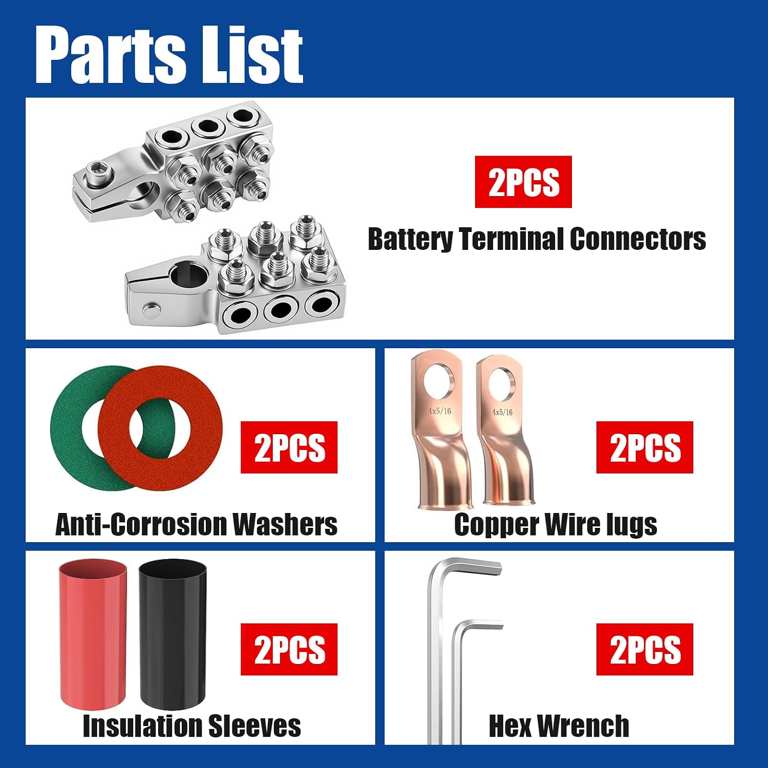 JiiinMiiin Battery Terminal Connectors, 8AWG up to 4/0(XL) AWG Gauge, 12-Way Battery Terminal Clamps, Positive and Negative (+/-)(1 Pair) for SAE/DIN/EN Tapered Top Post