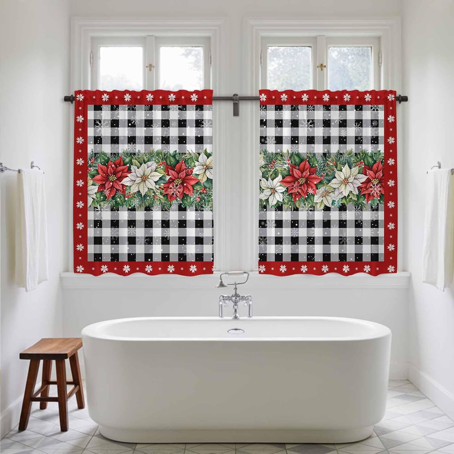 Red Christmas Poinsettia Kitchen Tier Curtains 45 Inch Long 2 Panel Set,Rod Pocket Short Window Treatment,Xmas Botanical Black Plaid Curtains & Drapes for Bathroom Basement 27.5"W x 45"L