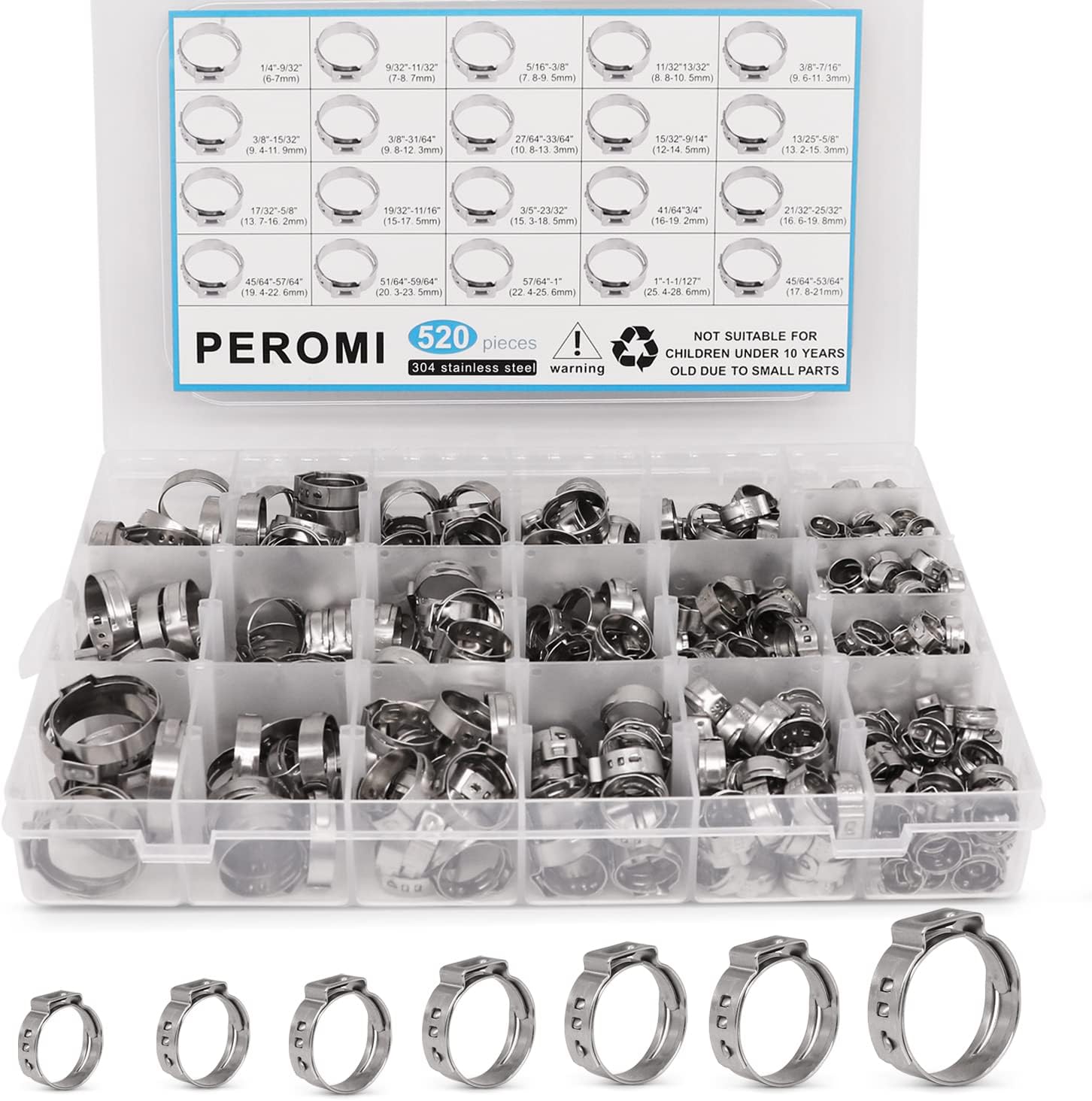 520 Pcs PEX Cinch clamps Ring, 20 Sizes 1/4-1 Inch Stainless Steel Single Ear Stepless Hose Clamps Assortment Kit for Water Pipe, Plumbing and Automotive Use