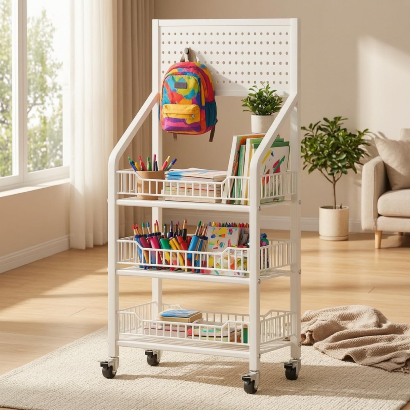Étagère sur Roulettes avec Crochets Métallique Étagère Rangement avec Roulettes Mobile Meuble pour Cuisine, Bureau, Entrée, Noir, Trois Niveaux 50cm