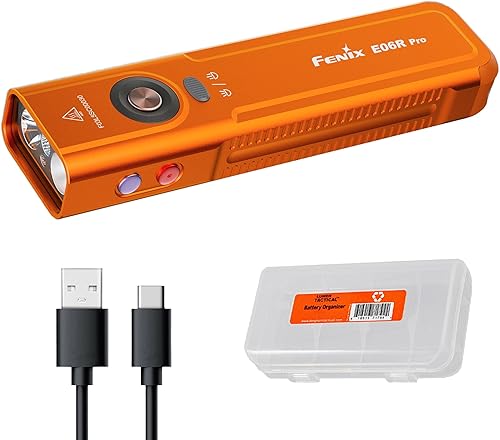Fenix E06R Pro - Linterna EDC 4 en 1 de 1600 lúmenes con luz UV, haz rojo, focoluz de inundación, recargable, forma plana para transporte diario y