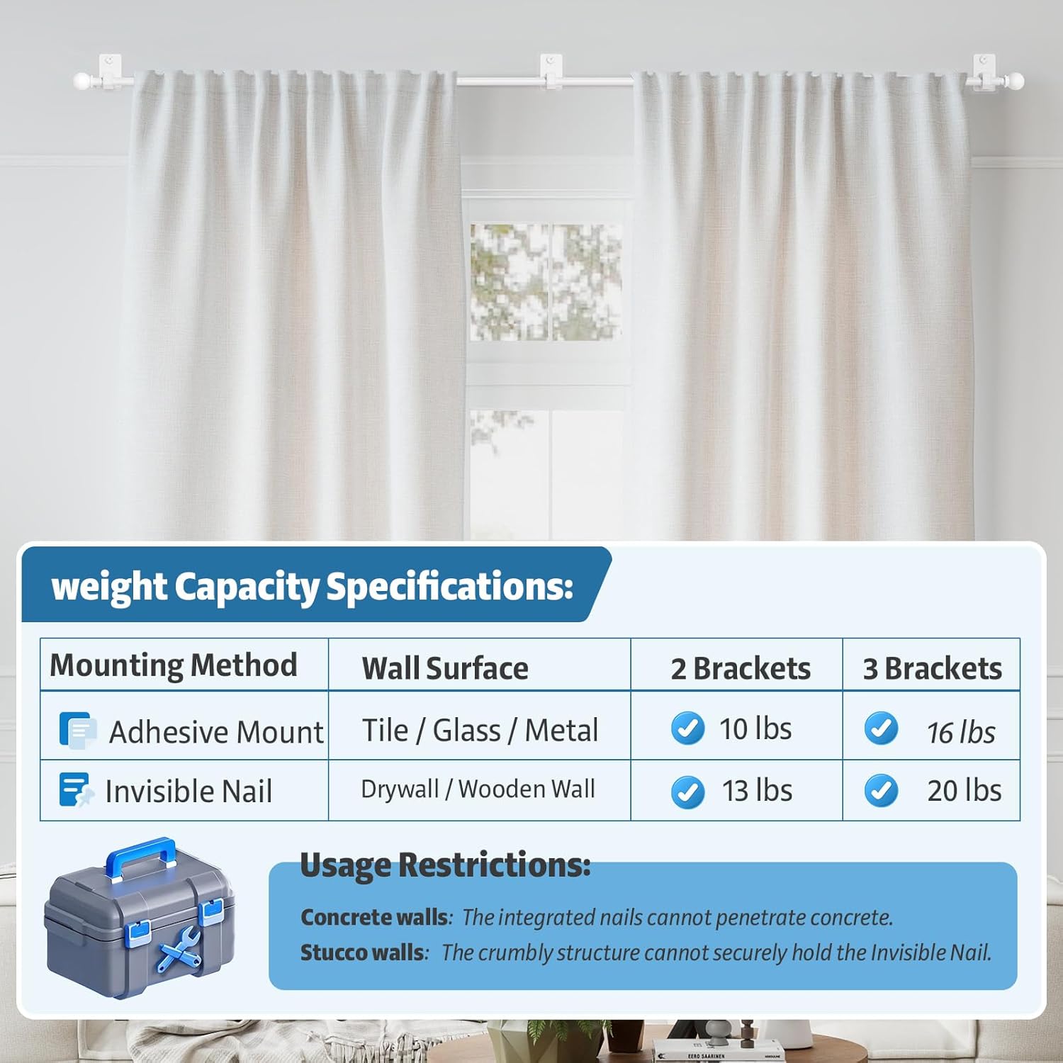 No Drill Curtain Rod for Windows 25 to 86 Inch - 2.0 Dual-Fix Adhesive & Invisible Nail, 5/8" Adjustable White Curtain Rod No Drilling, Renter Friendly for Apartments & Dorms