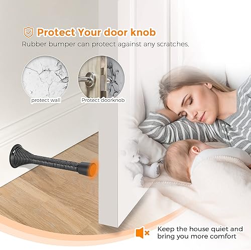 Miniatura 6 de Ravinte Topes de puerta, paquete de 12 topes de puerta de resorte negros con parachoques de goma, topes de puerta para la parte inferior de la puerta