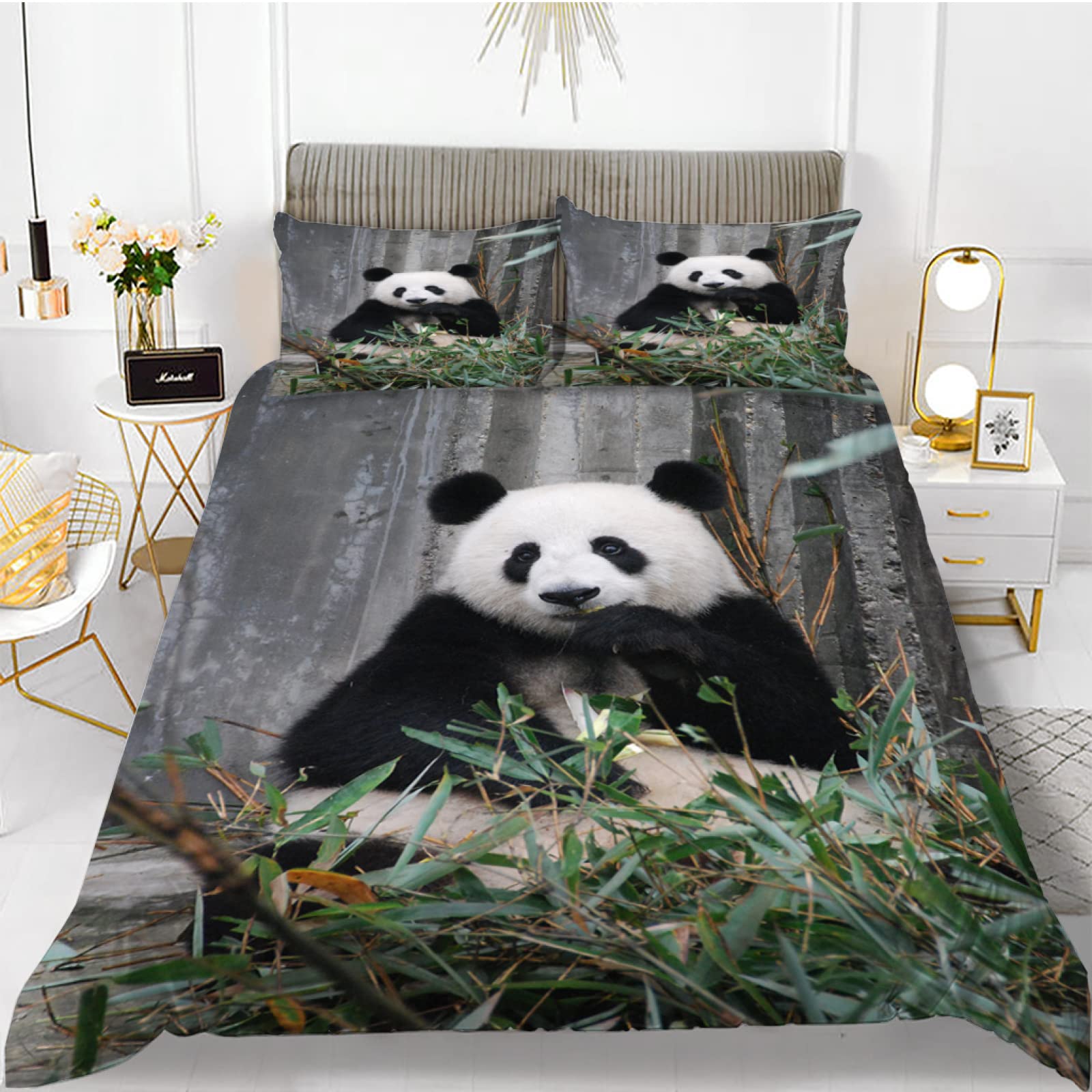 Parure de Lit 240 x 260 Haut de Gamme Motif Panda Gris en Microfibre Dense 110g/㎡
