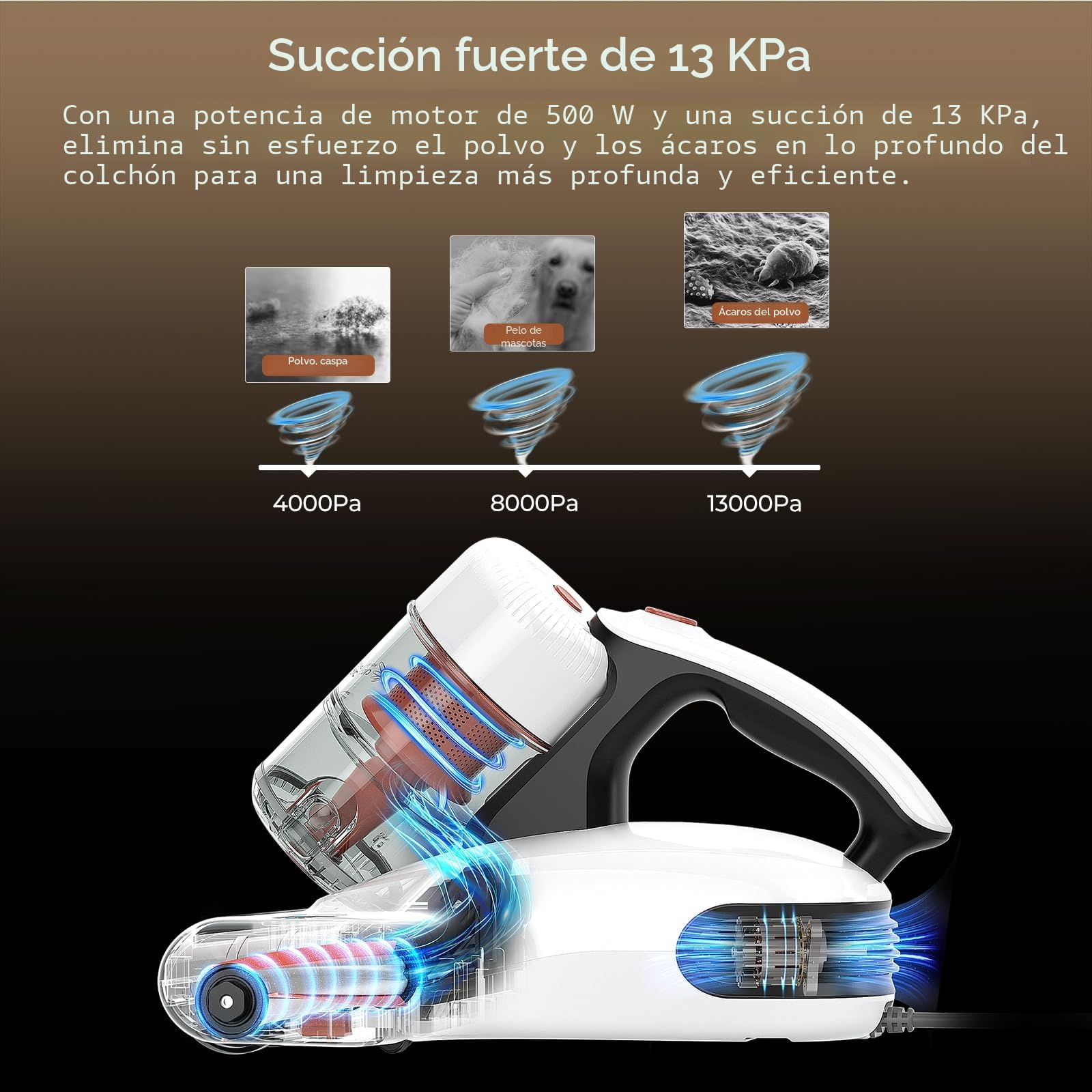 JIGOO J200 Aspirador de Ácaros, 500W Aspiradora antiácaros de Mano con Luz UV, función de ultrasonido, Especial Alergias, Antiácaros Mata el 99.9% de los Ácaros, Especial para Colchones y Sofás