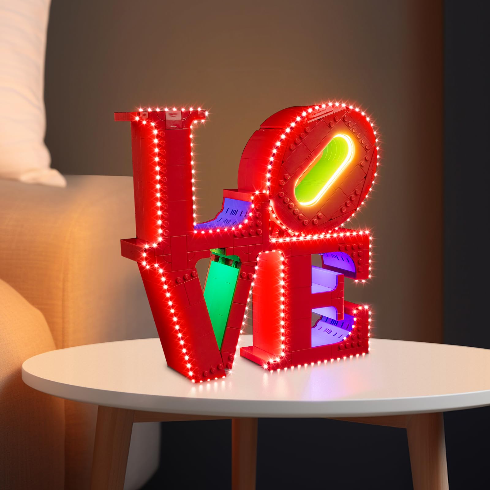 The Kyglaring LED-lit Lego Love Sculpture model displayed on a table in a room setting.