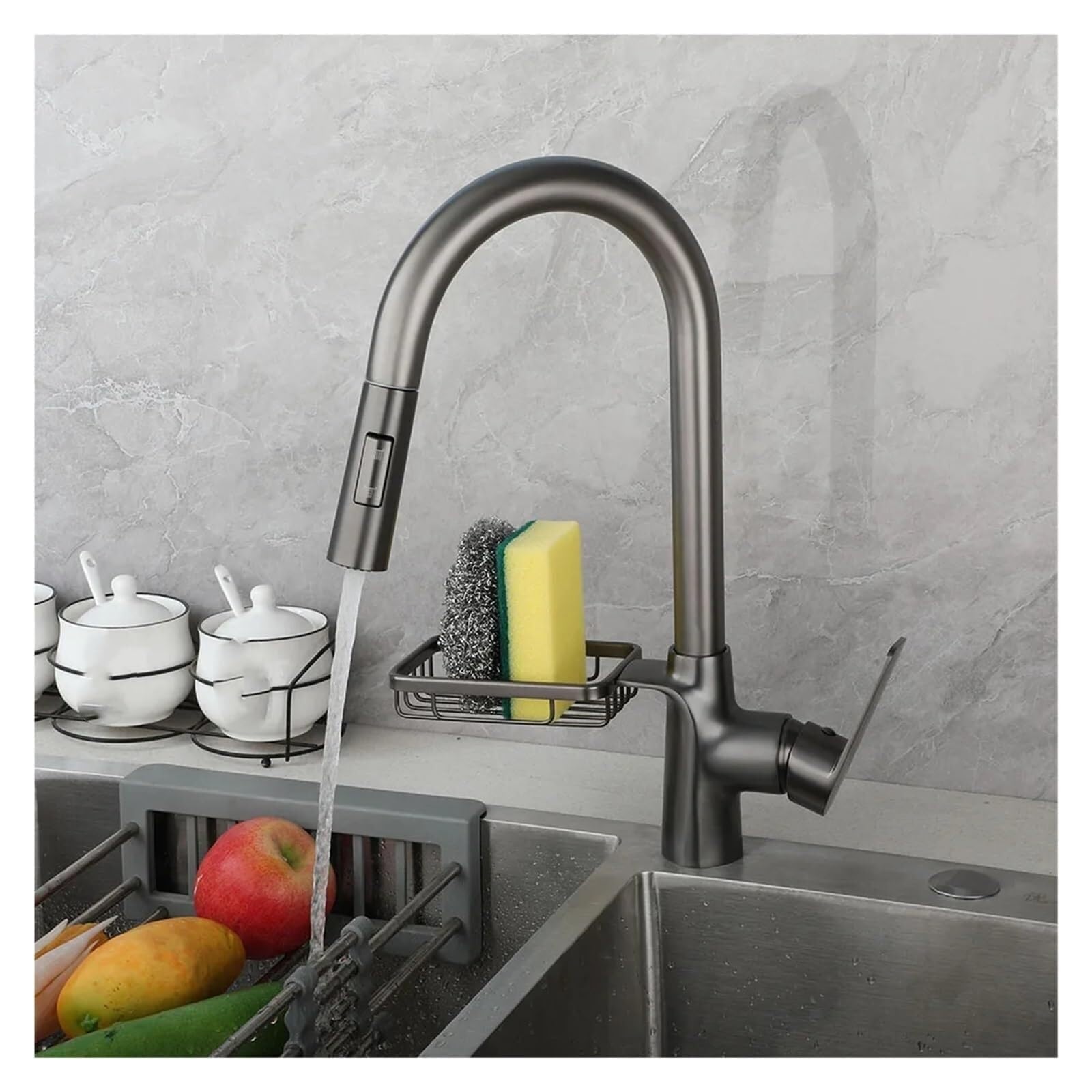 Robinet de cuisine gris au design architectural et finitions mates haut de gamme