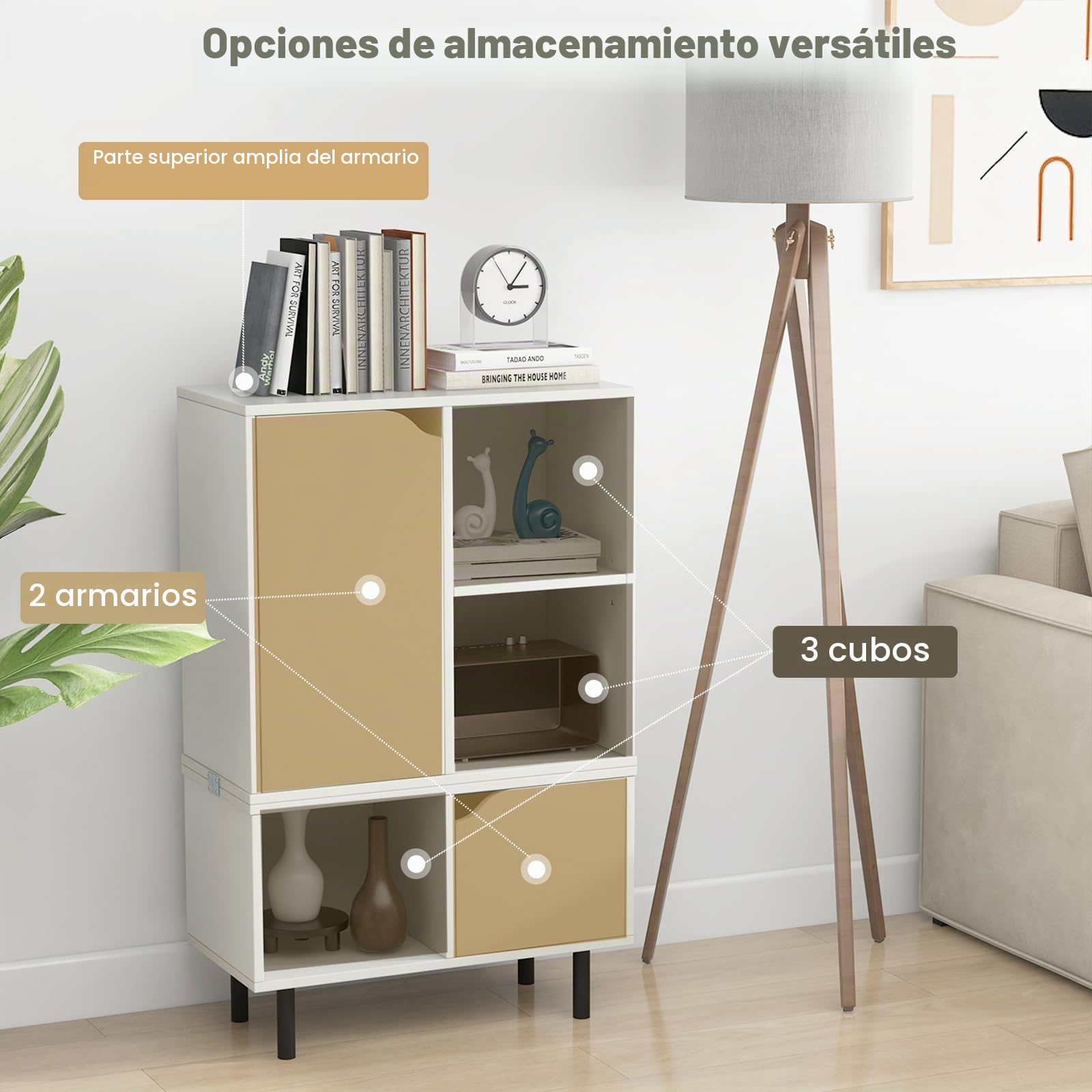 KOMFOTTEU 2 en 1 Librería Abierta Apilable con 2 Armarios y 3 Cubos