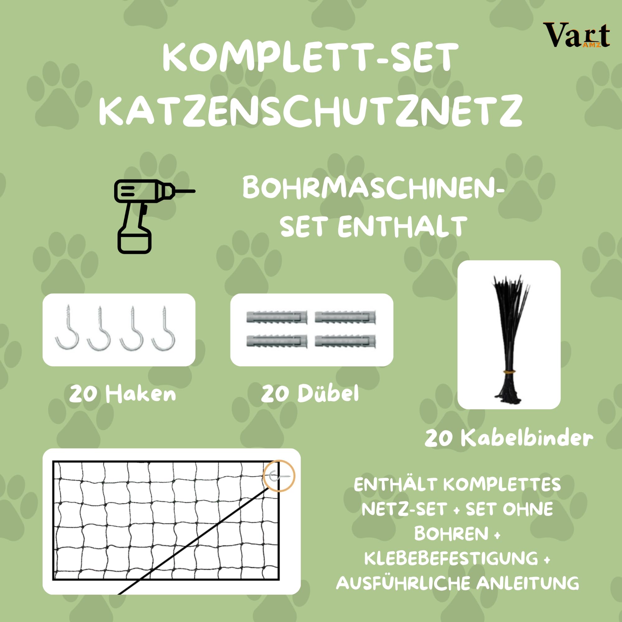 Verstärktes Schutznetz für Katzen, 8 x 3 m, mit Draht, Installationsset ohne Bohren
