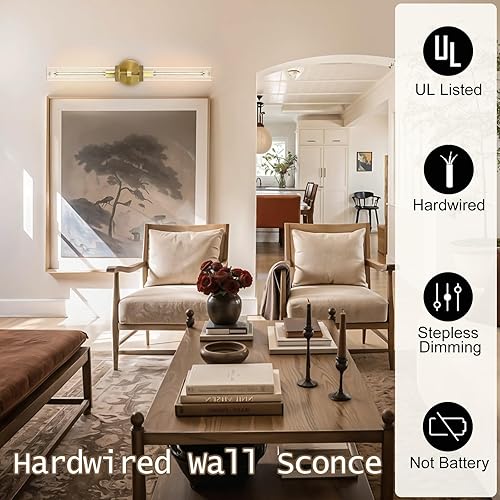 Miniatura 6 de Aplique de pared de baño de 30", apliques de pared de latón con cableado fijo, aplique de pared dorado regulable, apliques lineales moleteados de