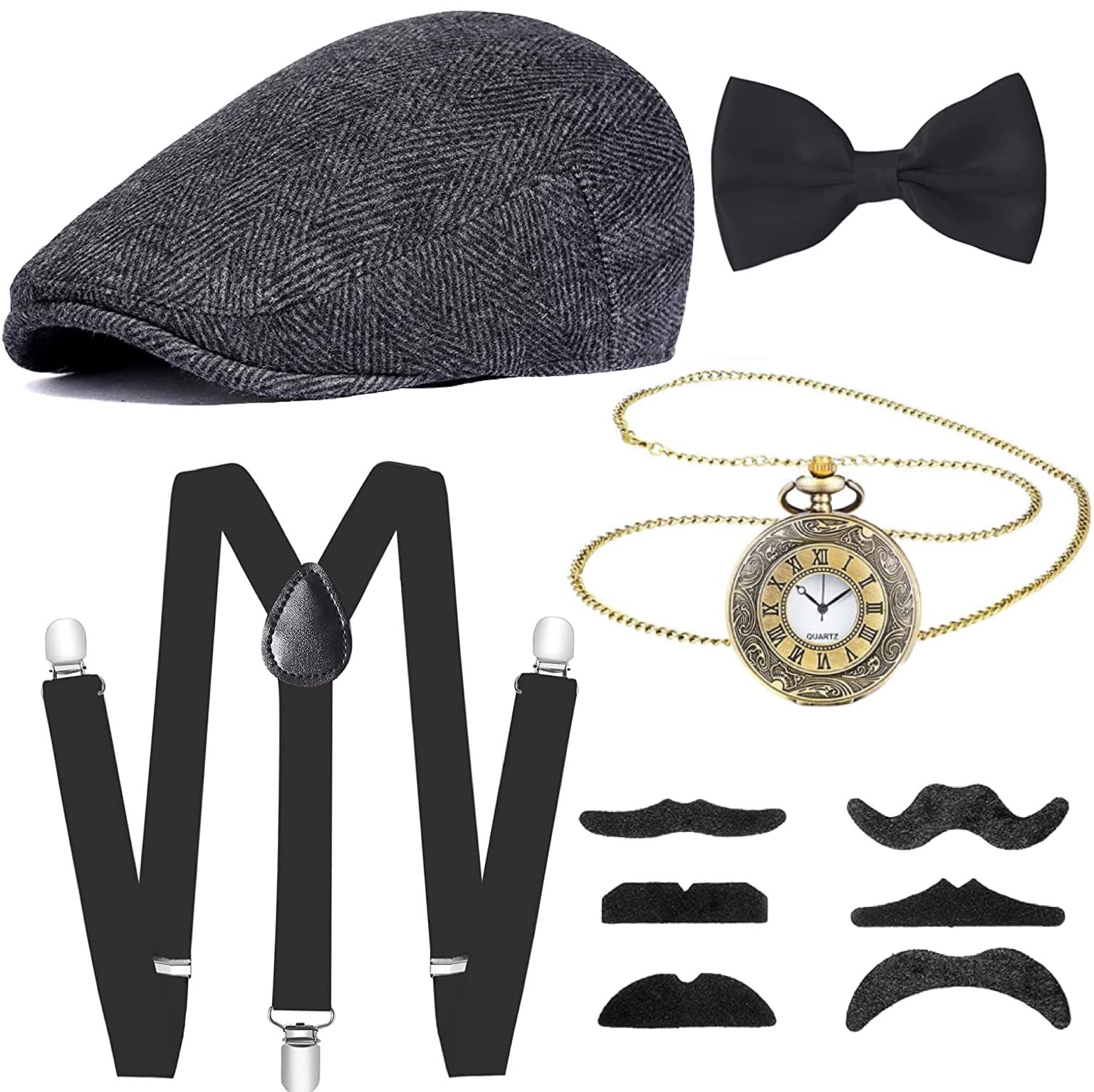 1920s Men Fancy Dress Accessories,Mafia Gatsby Gangster Costume Set 1920s Gangster Set Gatsby Fancy Dress Accessories, Men Costume Kit for Prom Cosplay Event Gangster Party Halloween