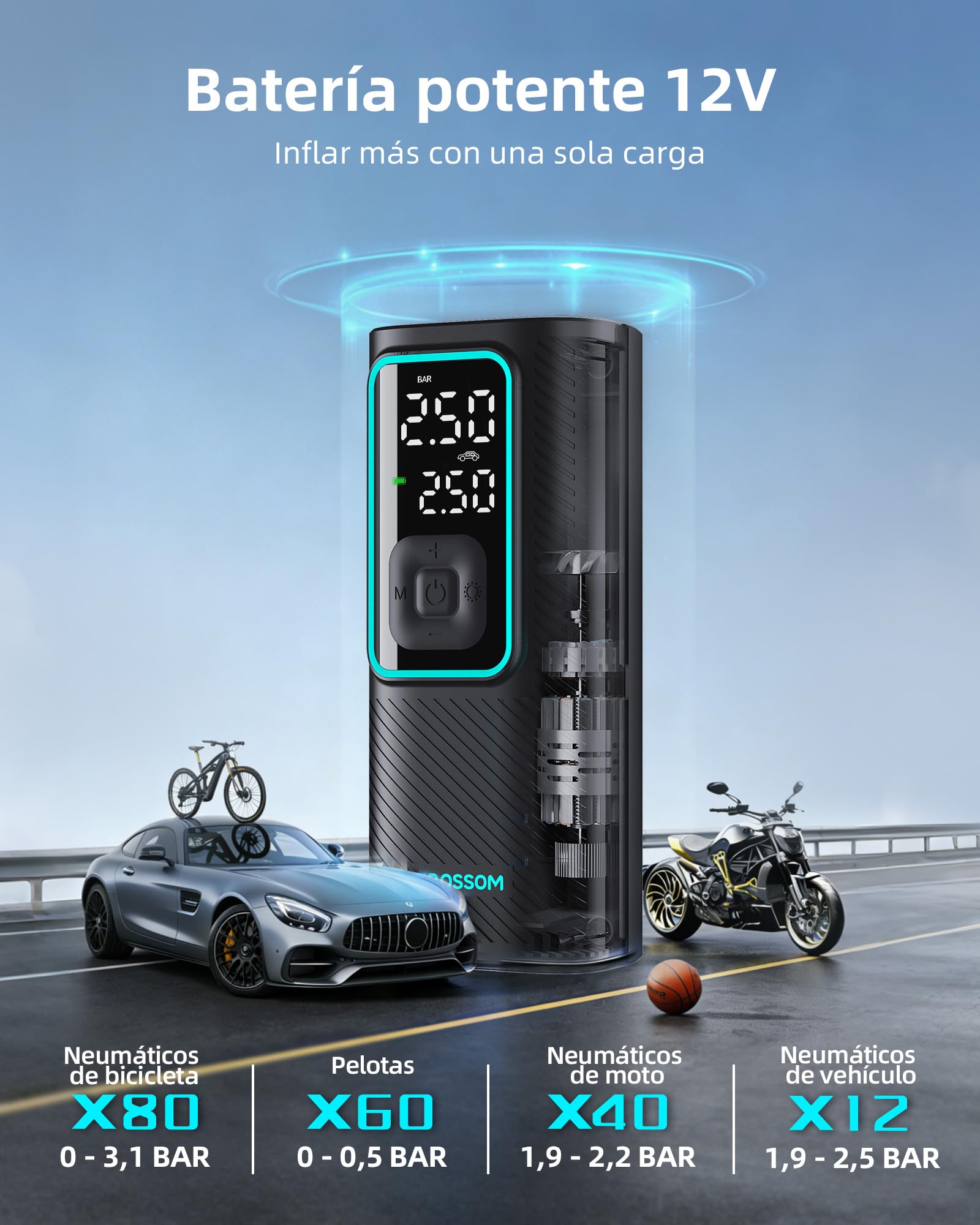 Compresor Aire Portátil de 10,3Bar, Inflador Ruedas Coche a Batería 6000 mAh y 12V DC, Mini Inflador Electrico para Auto, Moto, Bicicleta y Pelota, Bomba de Aire con Función de Luz LED, Carga USB-C
