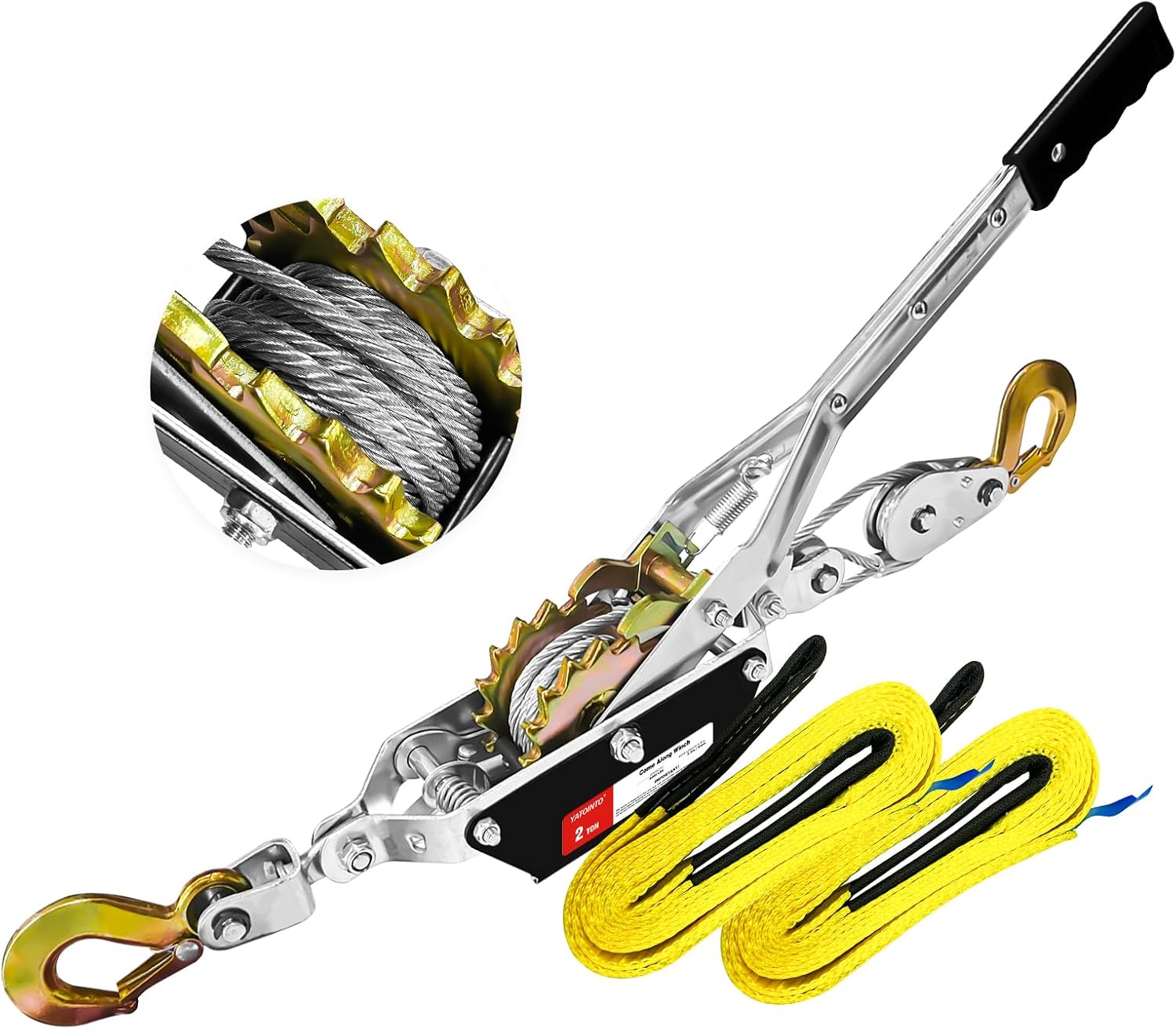 Cable Puller 2T with Two 1" x8FT Lifting Sling 2 Gears Come Along Power Ratchet Puller Tool with Cable 2 Hooks Cable Winch Puller for Construction Moving Securing Automotive.