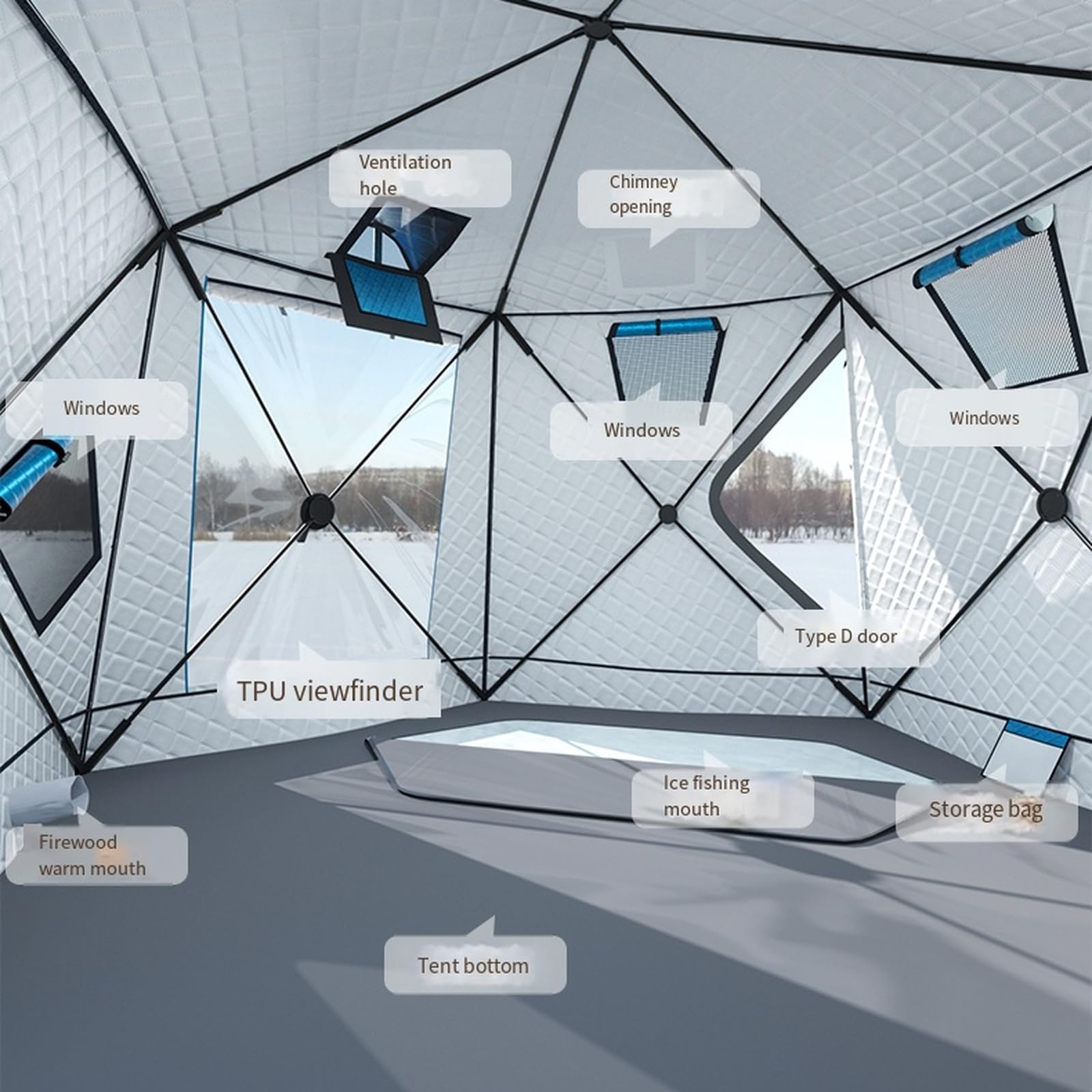 Eisangelzelt mit Herdentlüftung, 6-seitiger sechseckiger Winterschutz für 3-8 Personen, große Fenster & rutschfeste Eismatte, 2,6 m/3,2 m