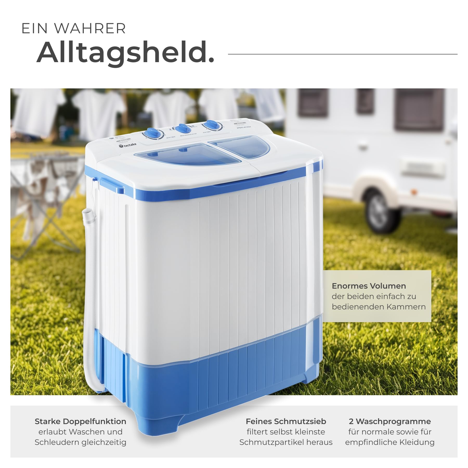 tectake® portable, mobile 4,5 kg Mini Waschmaschine + 3,5 kg Wäscheschleuder Kombination, Toplader für Camping und Reise, Toploader Reisewaschmaschine
