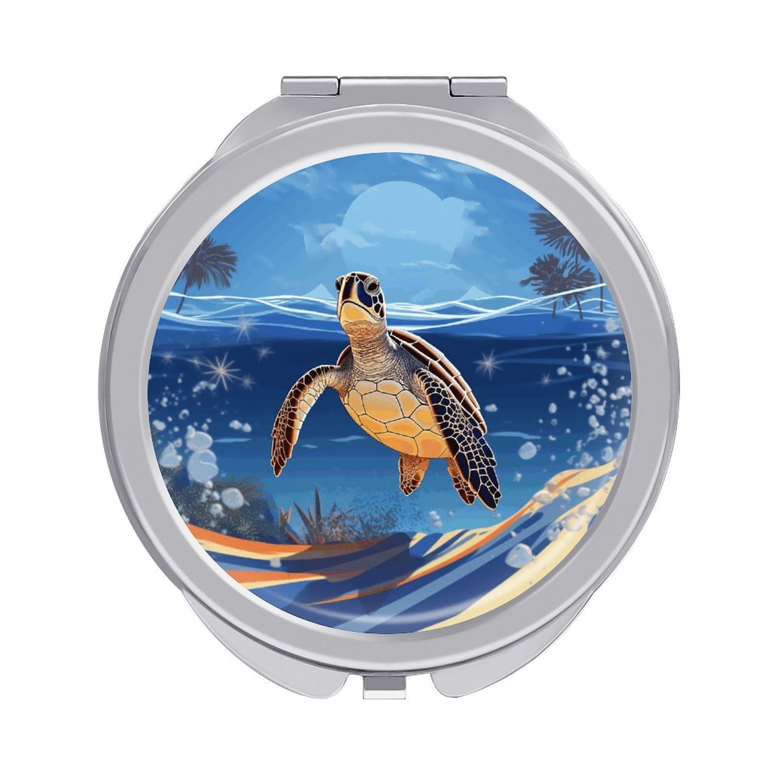FekiLoot Ocean Turtle on The Beach Makeup Mirror Compact Round Travel Makeup Mirror Portable Folding Handheld Pocket Mirrors for Handbag and Purses Gift Mini Mirrors