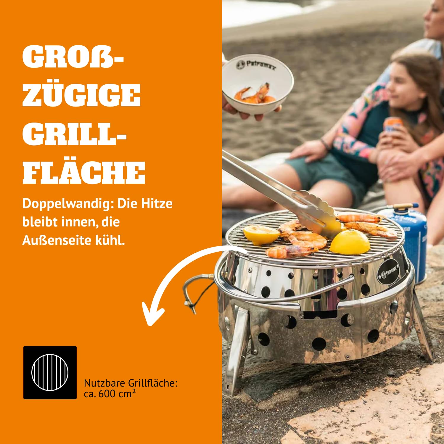 Petromax Atago Gasgrill - Tischgrill für den Einsatz beim Camping, im Garten oder Balkon - ideal zum Grillen, als Ofen oder Feuerschale - Picknick Grill mit Grillrost und Piezo-Zündung - Edelstahl