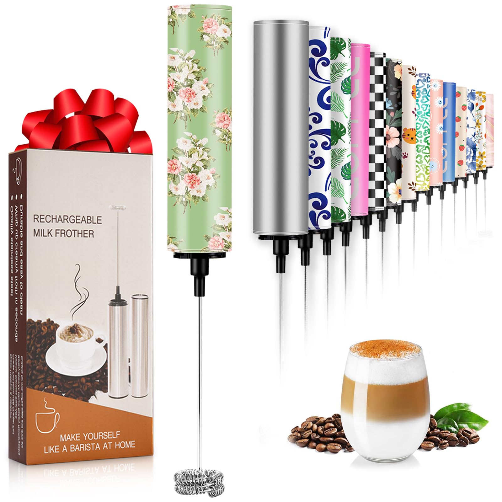 Milk Frother Handheld Rechargeable - 2-Speed Electric Whisk with 5 Detachable Heads (Frother/Mixer/Whisk) for Coffee, Latte, Cappuccino &amp; Matcha, Drink Mixer (Flower 9)