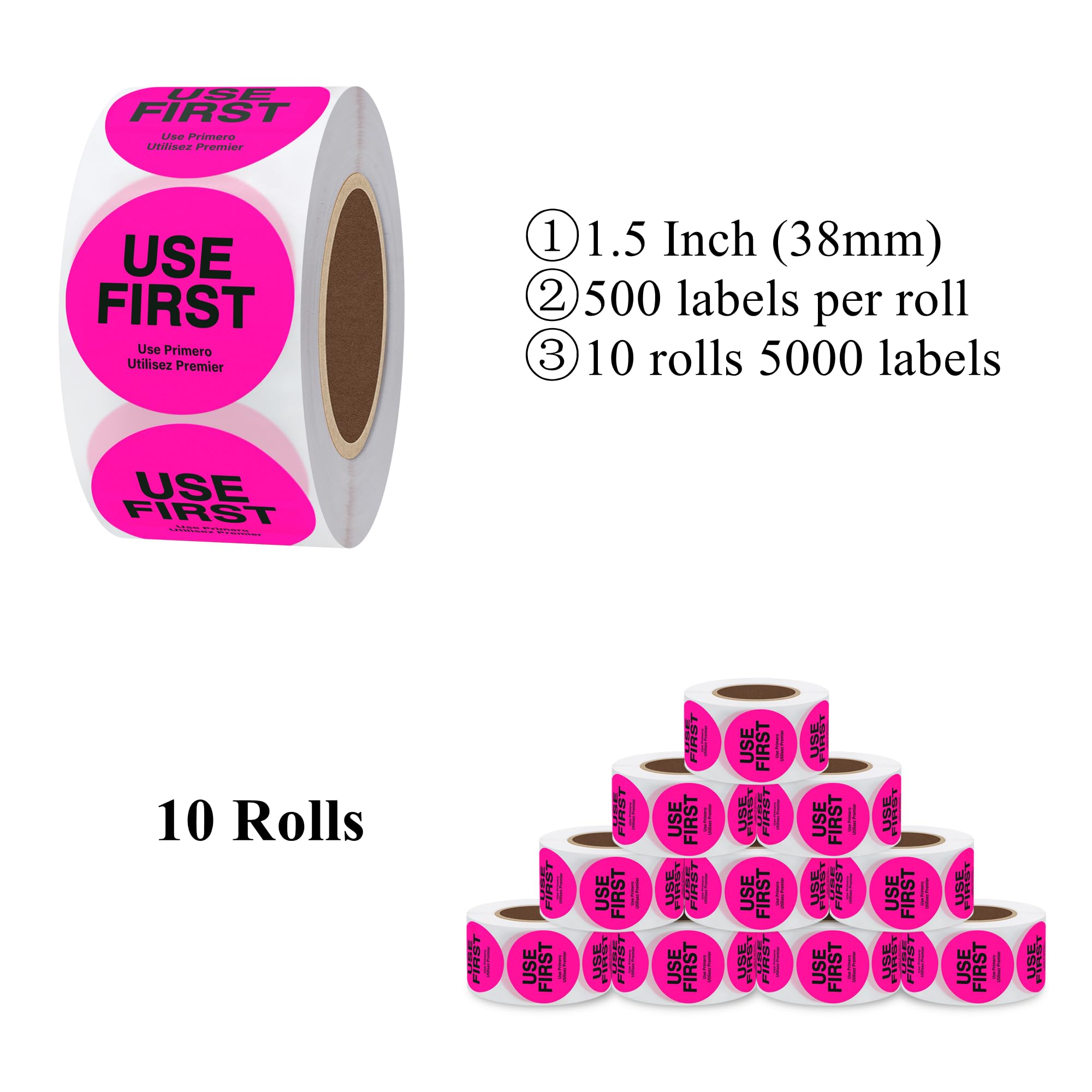 Used First Sticker Label Use First Stickers 1.5 Inch Fluorescent Pink - Trilingual Food Service ...